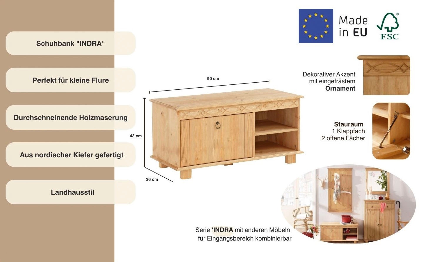 Thumbnail - Home affaire Schuhbank "Indra", aus massiver Kiefer, FSC, Breite 90 cm, dezentes Ornament