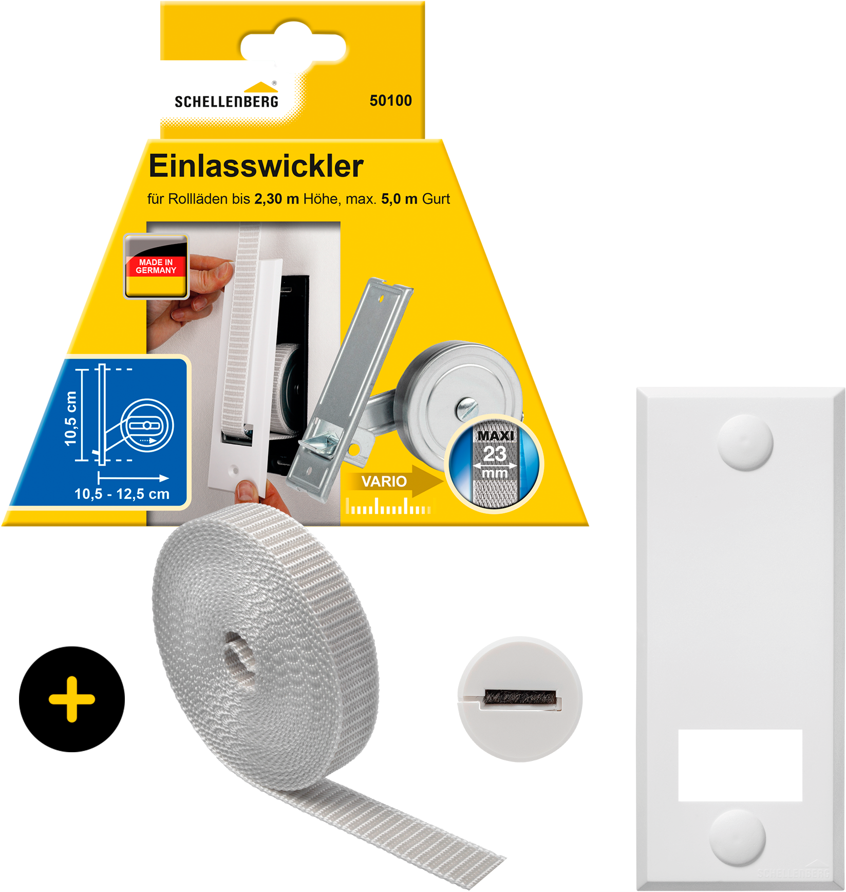 SCHELLENBERG Einlass-Gurtwickler »inkl. Abdeckplatte, Gurtführung, Rollladengurt grau oder weiß«, Unterputz Gurtwickler 10,5 cm Lochabstand für das Rollladensystem Maxi