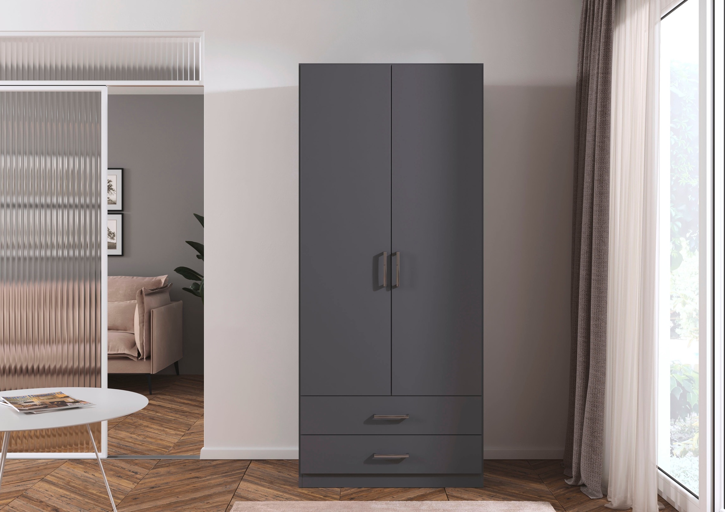 rauch Drehtürenschrank "Kleiderschrank Garderobe GAMMA Breite 91 cm" in 3 Ausstattungen BASIC/CLASSIC/PREMIUM (inkl. SOFT-CLOSE-Funktion), mit Schubladen, verschiedene Griff-Varianten TOPSELLER MADE IN GERMANY