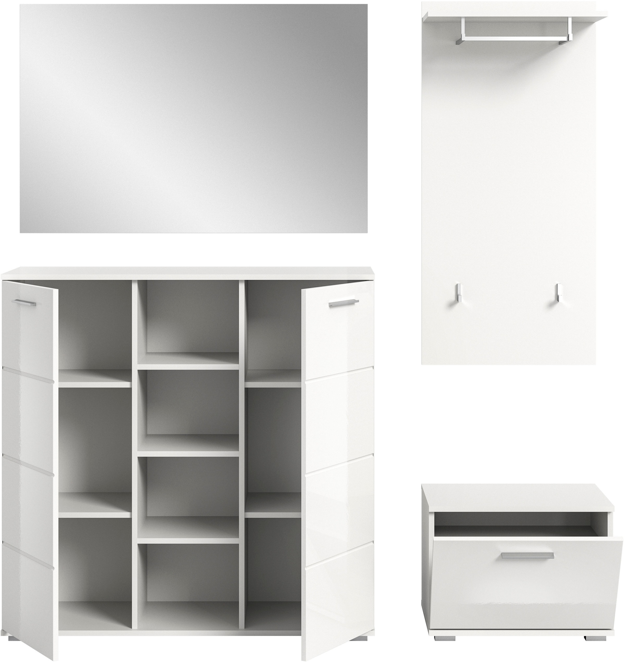 INOSIGN Garderoben-Set »Valge, Breite 165 cm, 4-teiliges Set, bestehend aus:«, (4 St.), Highboard, Garderobenspiegel, Sitzbank und Garderobenpaneel