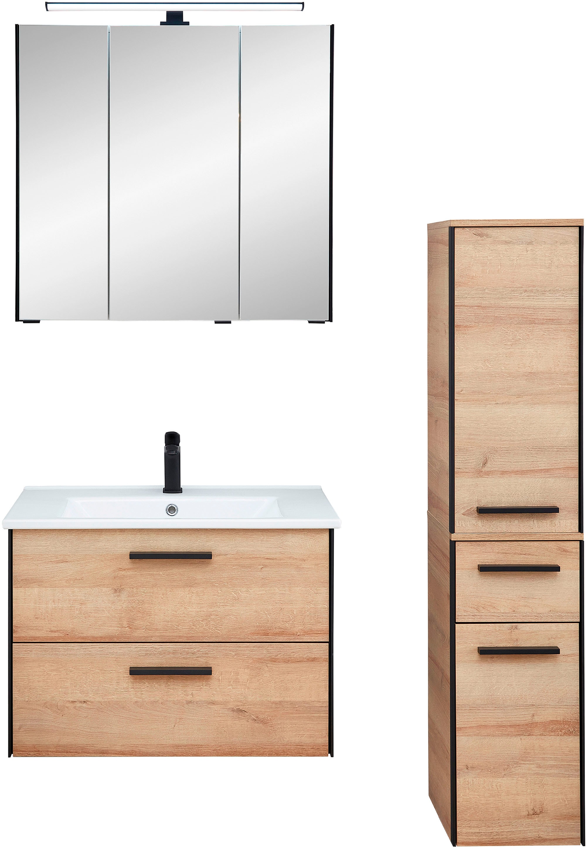 Saphir Badmöbel-Set "Quickset 395 3-teilig, Keramikwaschtisch mit LED-Spiegelschrank", (5 St.), Midischrank, inkl. Türdä