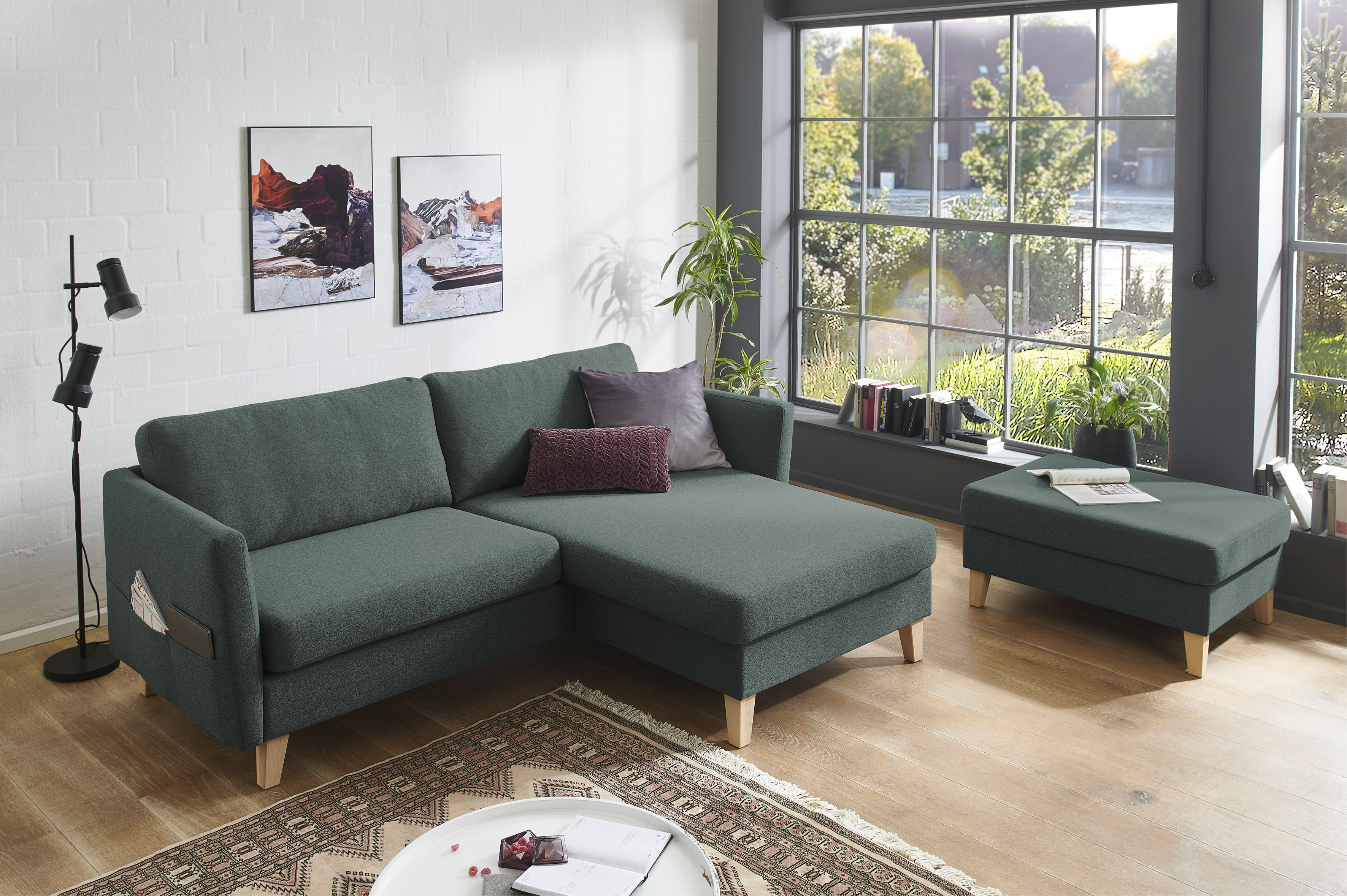 ATLANTIC home collection Ecksofa "Mailo L-Form, B:204cm, für kleine Räume" mit Seitentaschen, Recamiere beidseitig montierbar, Massivholzfüße