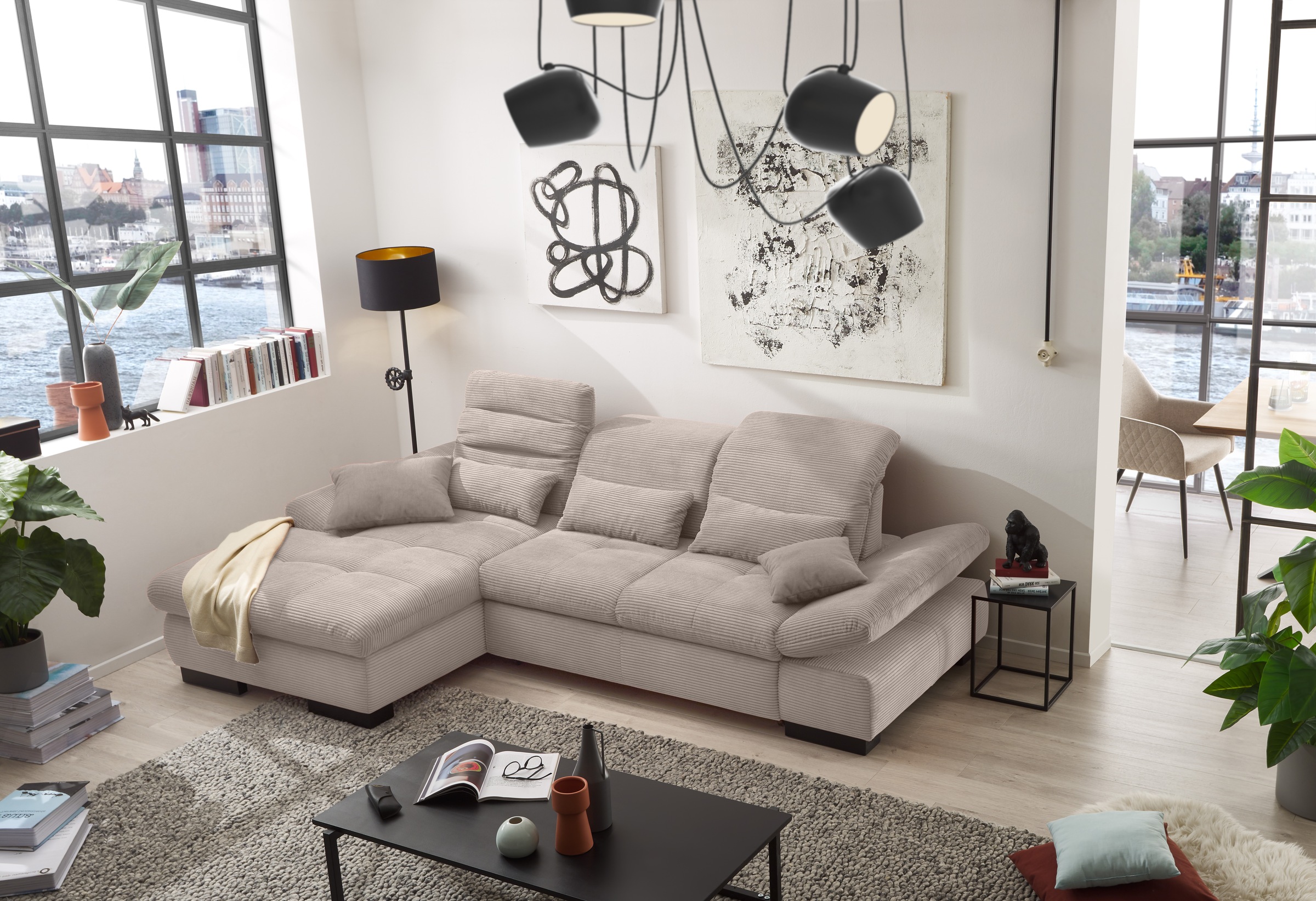 set one by Musterring Ecksofa »SO4100 V«, mit verstellbaren Kopfteilen, wahlweise mit Funktionen, Cord-Bezug