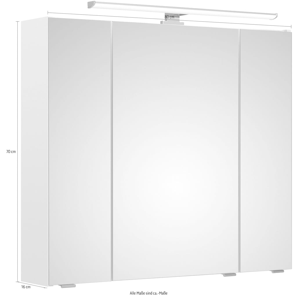 Saphir Spiegelschrank »Quickset Badschrank, 3 Spiegeltüren, 6 Einlegeböden, 80 cm breit«, inkl. LED-Beleuchtung, Türdämpfer, Schalter-/Steckdosenkombination