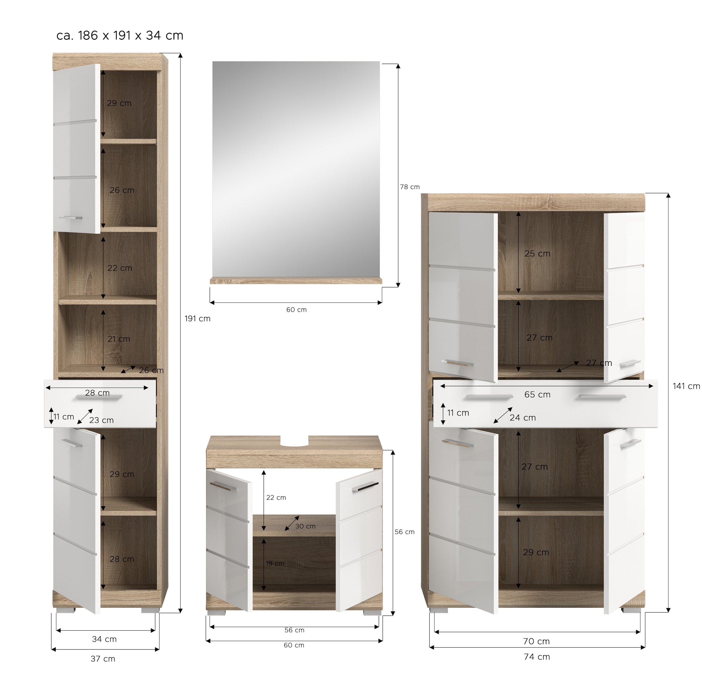 INOSIGN Badmöbel-Set »Siena, 4 teilig, bestehend aus:«, (Set), Hochschrank, Waschbeckenunterschrank, Badspiegel, Midischrank