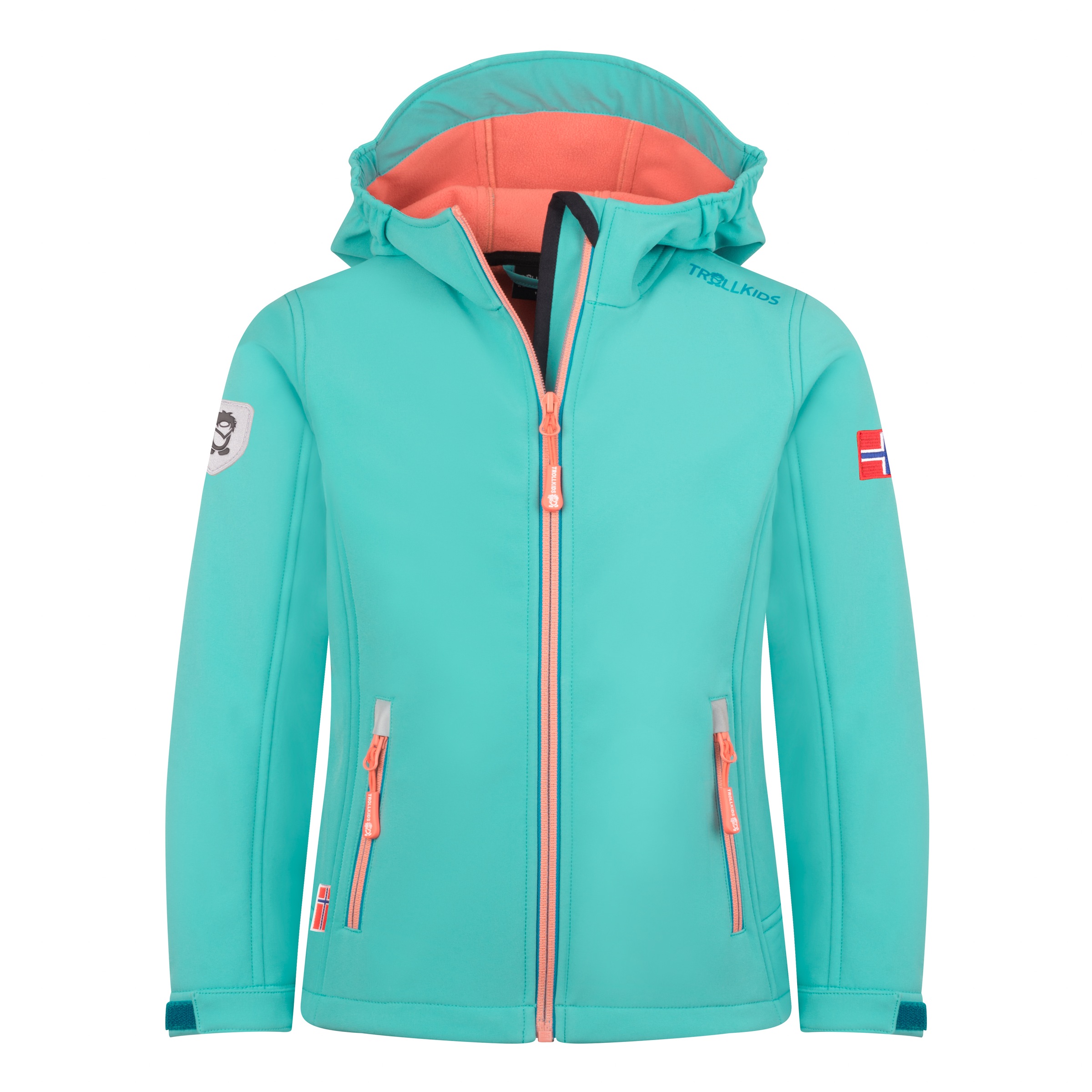 TROLLKIDS Kinder Softshelljacke "GIRLS TROLLFJORD JACKET"aqua haze, harbor blau, mellow peach, Gr. 98, Obermaterial: 94% Polyester, 6% Elasthan,