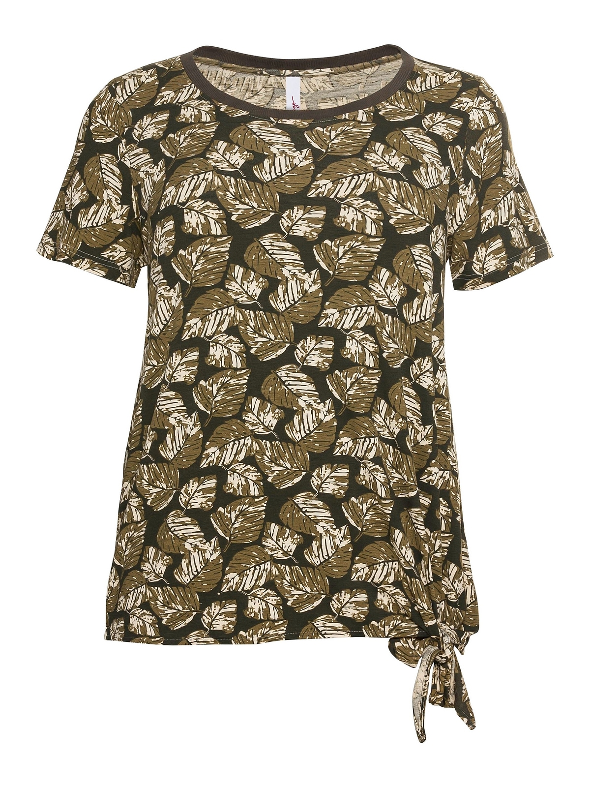 Sheego T-Shirt Blätterprint BAUR Größen«, Saum kaufen »Große mit Knoten | für und am