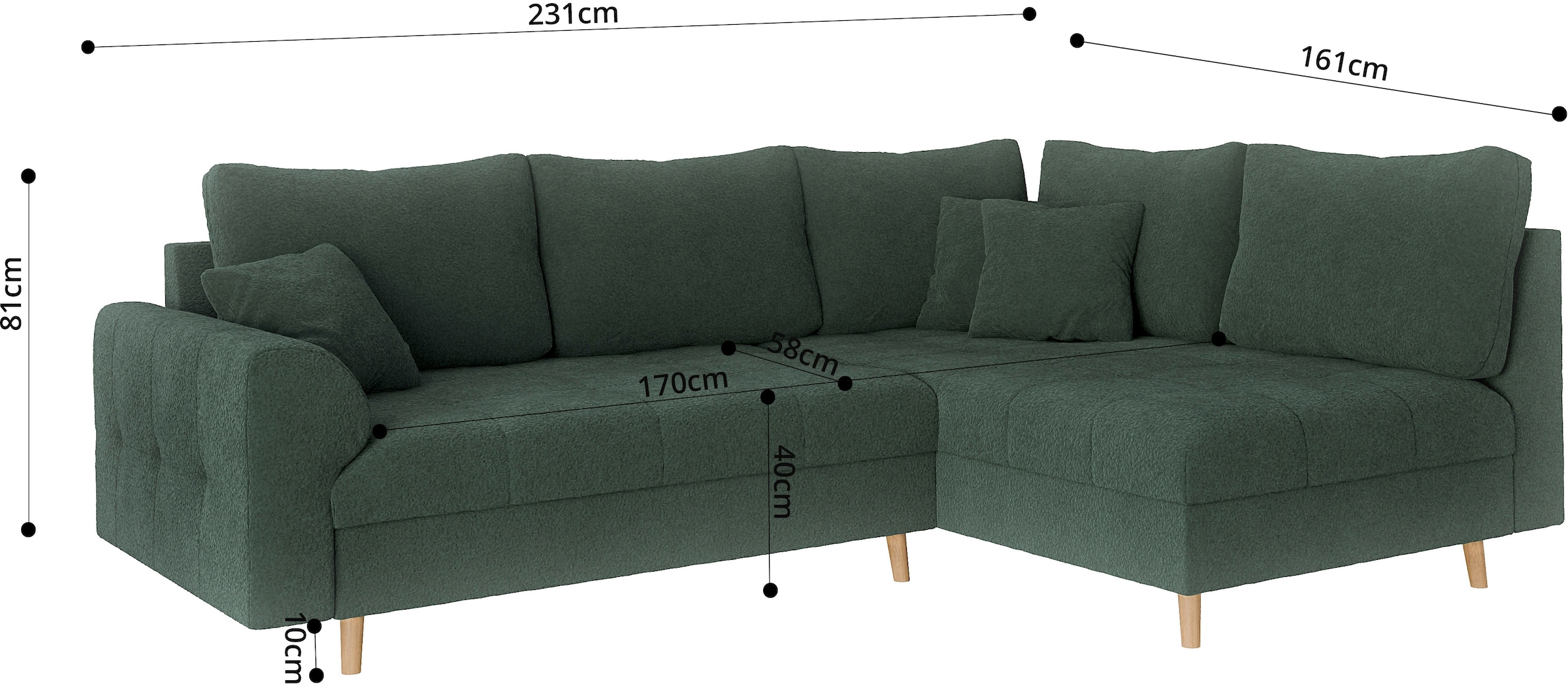 Home affaire Ecksofa »CHARRE L-Form mit Ottomane, Maße B/T/H: 231/161/81 cm«, feine Steppung, lose Rücken- und Zierkissen, auch in Cord und Bouclé