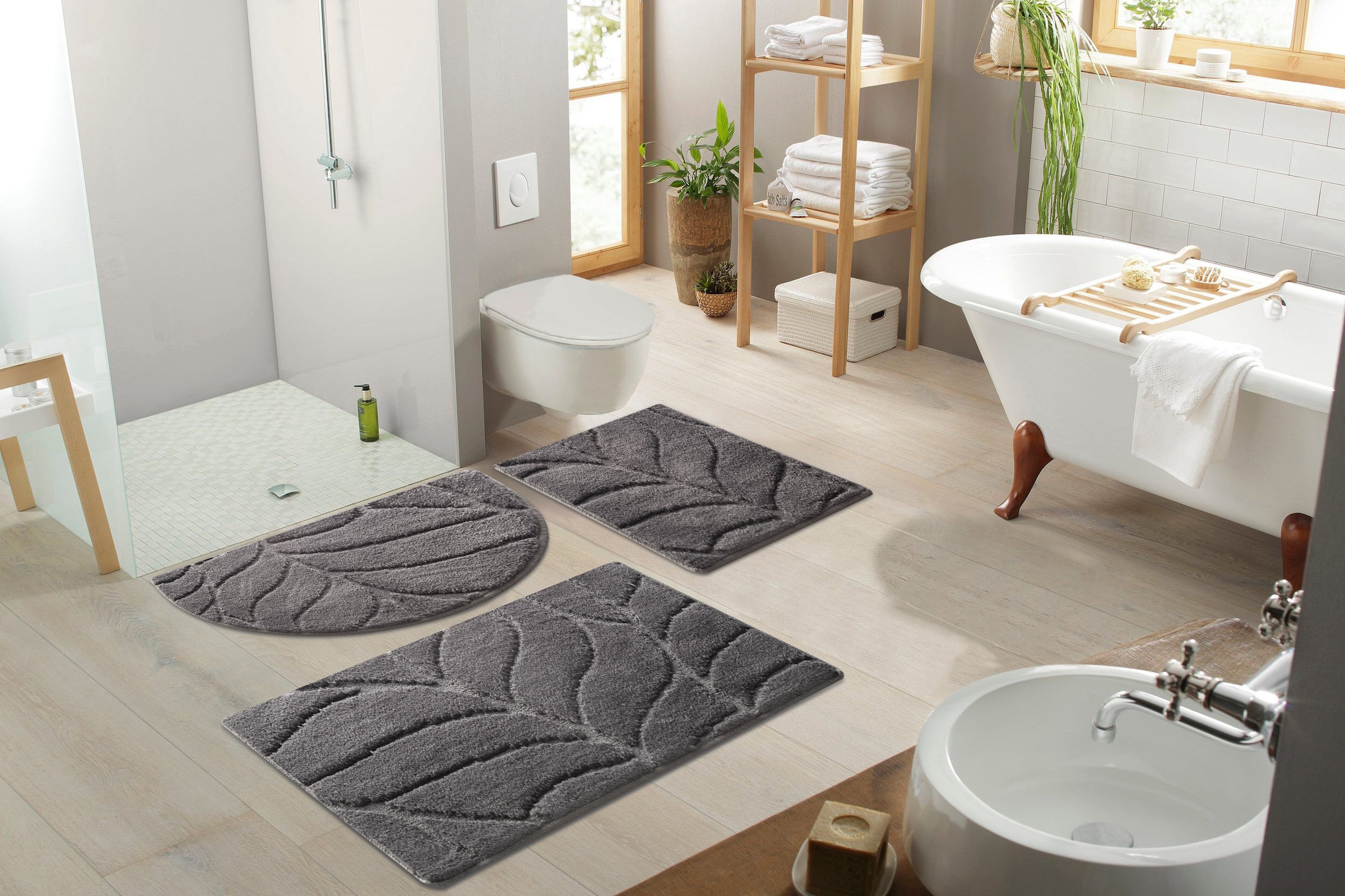 my home Badematte »Epense, Badvorleger, Badezimmer Teppich, Duschvorleger«, fußbodenheizungsgeeignet-schnell trocknend, Badteppich, Uni Farben, Blätter, Hoch-Tief Effekt