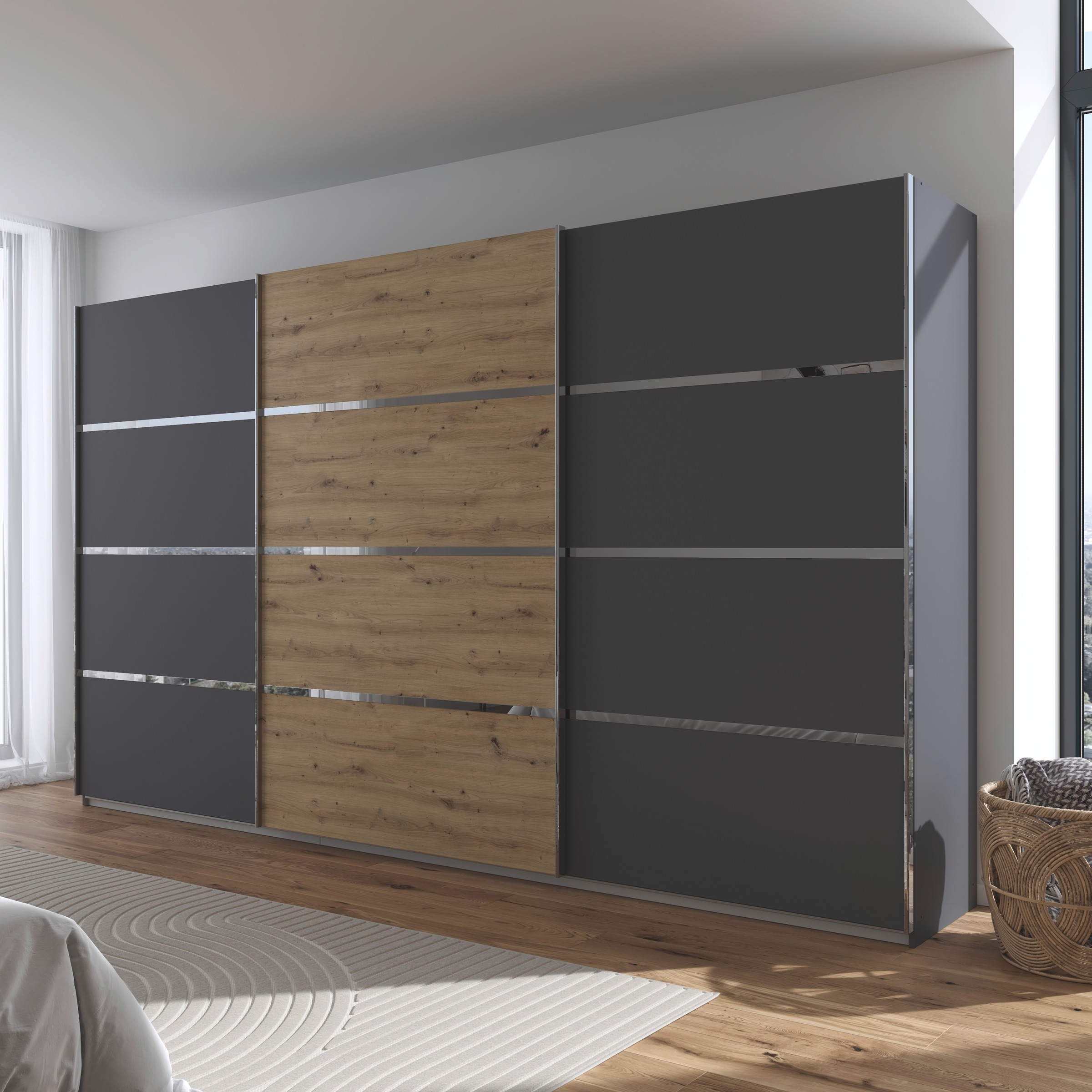 rauch Kleiderschrank »Schwebetürenschrank OTTO´s Choice Garderobe Schrank TOP ANGEBOT Avola«, (in 3 verschiedenen Ausstattungen BASIC/CLASSIC/PREMIUM), mit eleganten Zierleisten in Chrom, Schwarz oder Weiß MADE IN GERMANY