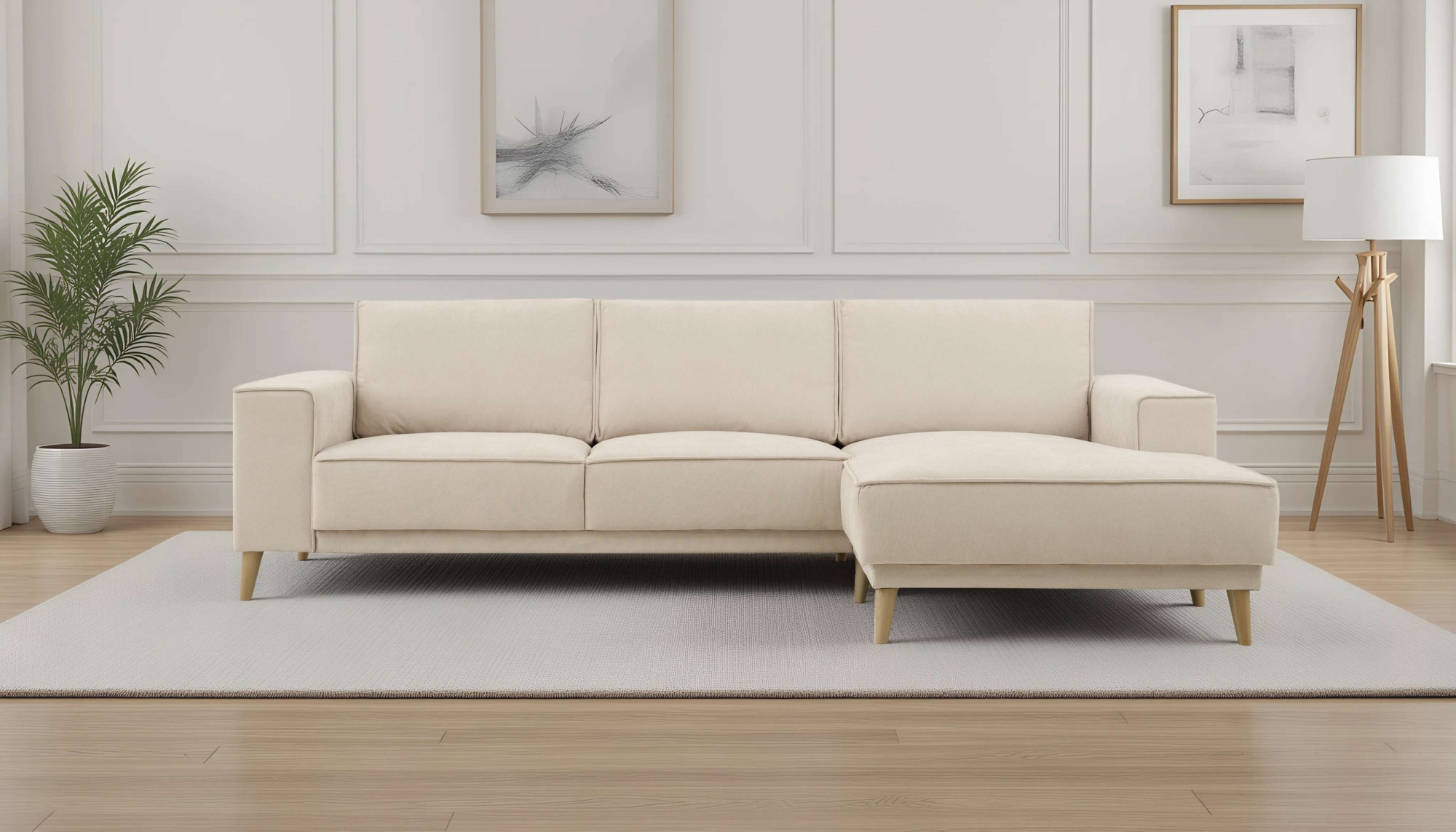 OTTO home Ecksofa "Oland Skandi, weicher Chenille-Stoff" L-Form, 280 cm, Wellenunterfederung, Skandi-Design, Massivholzfüße