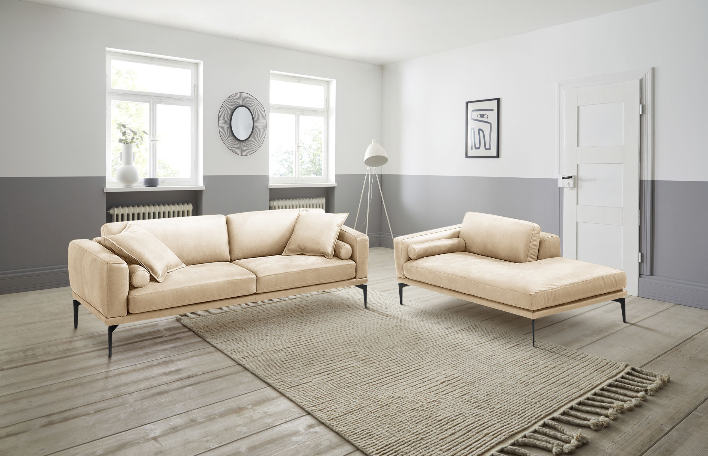 Egoitaliano Polstergarnitur "Masu, Design trifft sensationellen Sitzkomfort" Set besteht aus 2,5-Sitzer, freistehende Ottomane und 3 Rollkissen