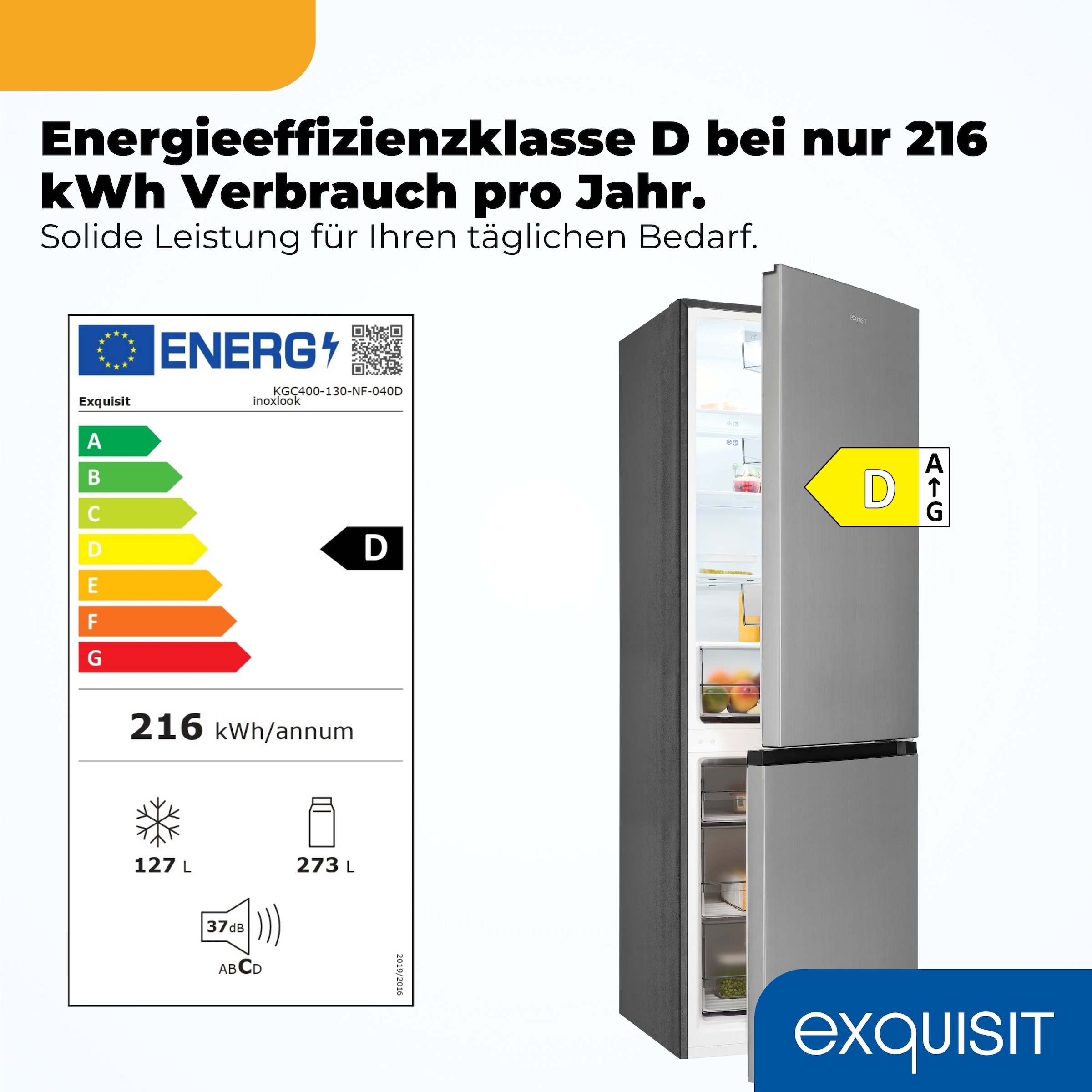 exquisit Kühl-/Gefrierkombination »KGC400-130-NF-040D inoxlook« 186 cm hoch 60 cm breit Humidity Box für optimale Feuchtigkeitsregulierung & kein Abtauen mehr