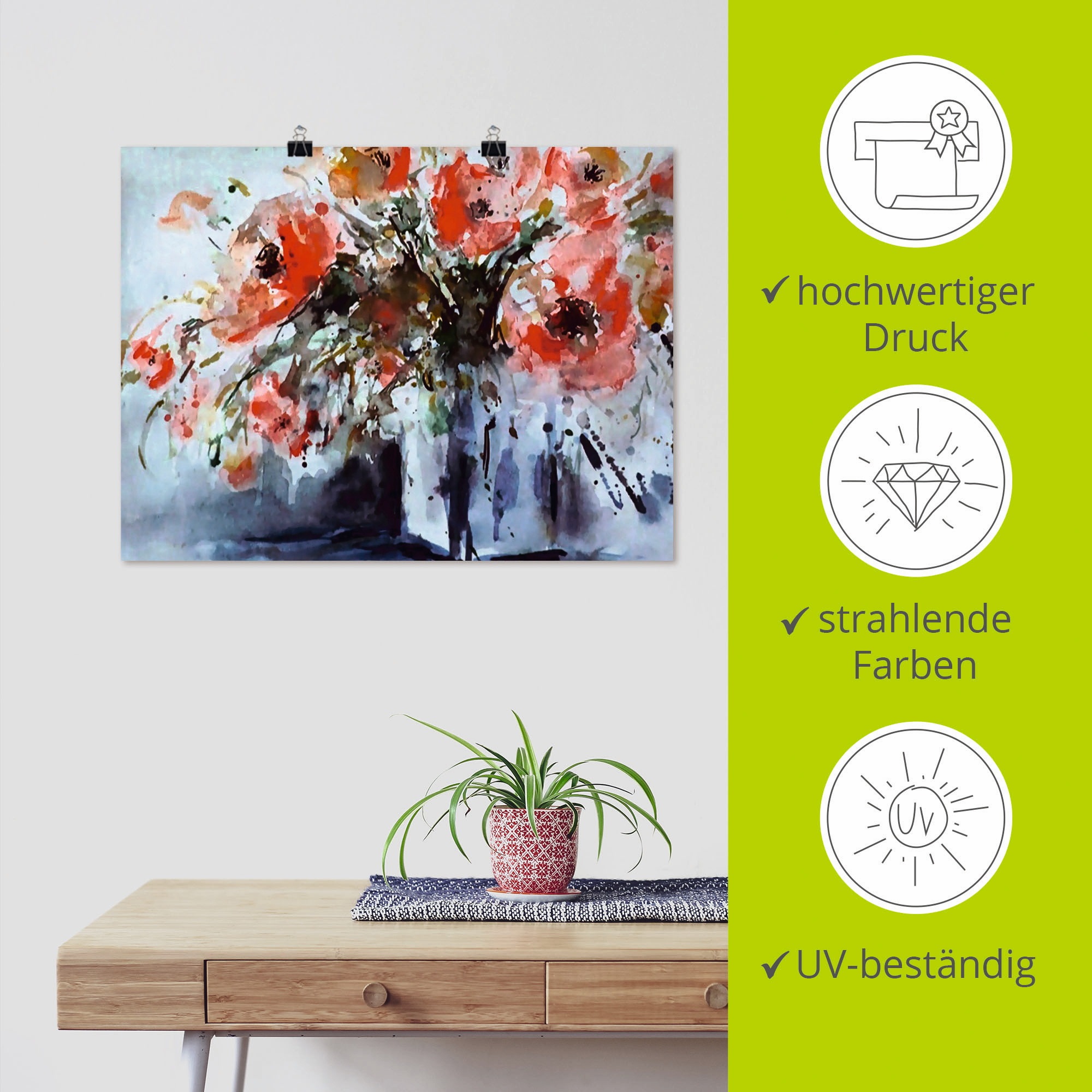 Artland Poster »Mohn in Vase«, Blumen, (1 St.), als Alubild, Leinwandbild, Wandaufkleber oder Poster in versch. Größen