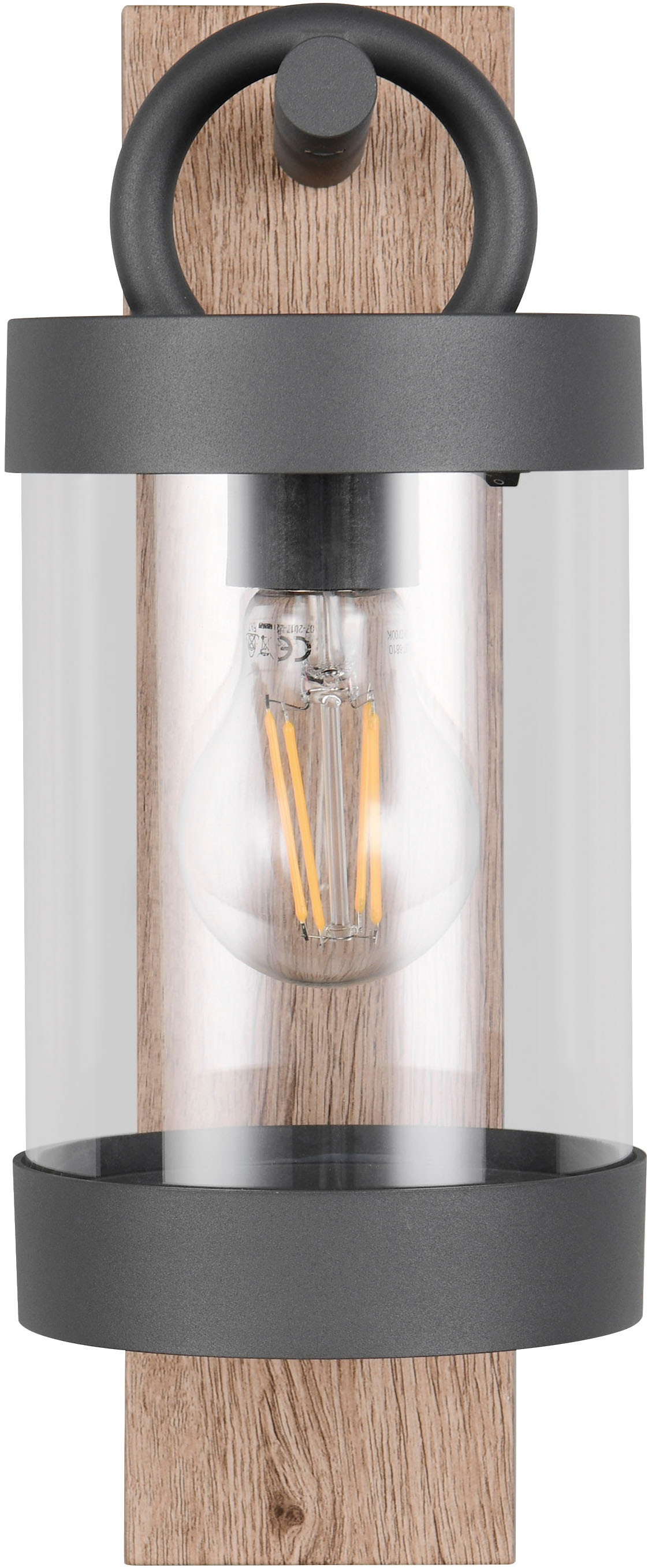TRIO Leuchten Außen-Wandleuchte »SAMBESI, Laternen Optik Hauswand, exkl 1x E27 max 28W Dämmerungssensor«, 1 flammig, Leuchtmittel E27 | Leuchtmittel wechselbar, Fassadenbeleuchtung aus Alu Druckguss, Rückenplatte Holz Nachbildung