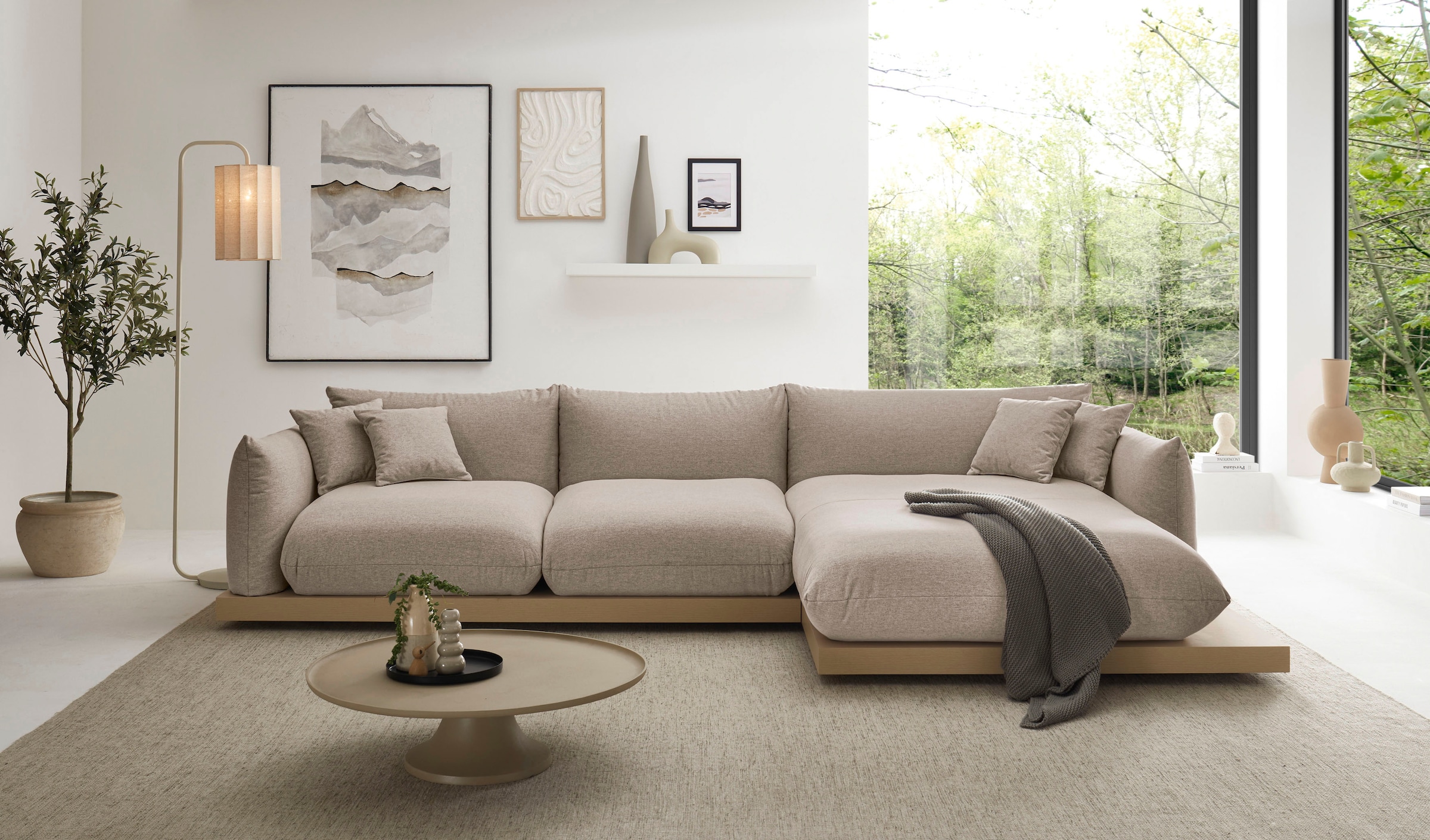 OTTO home Ecksofa »Kalix, Polsterecke mit kräftigem Holz-Plateau, moderne Couch in L-Form«, wahlweise Recamiere links o. rechts, Strukturstoff, hoher Sitzkomfort