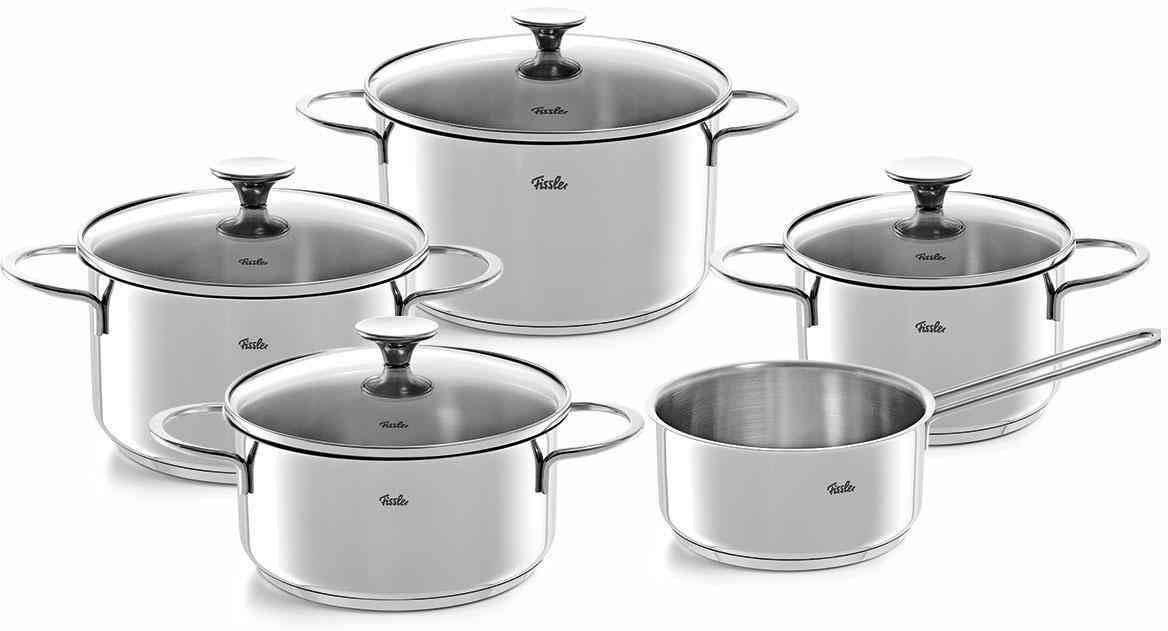 Fissler Topf-Set »Copenhagen«, Edelstahl 18/10, (Set, 9 tlg., Bratentopf 20 cm, je 1 Kochtopf 16/20/24 cm, Stielkasserolle 16 cm), Töpfe mit Glasdeckel, Mess-Skala, Induktion, backofengeeignet