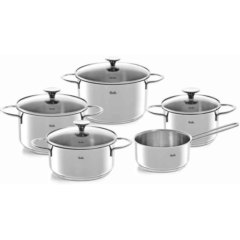 Fissler Topf-Set »Copenhagen«, Edelstahl 18/10, (Set, 9 tlg., Bratentopf 20 cm, je 1 Kochtopf 16/20/24 cm, Stielkasserolle 16 cm), Töpfe mit Glasdeckel, Mess-Skala, Induktion, backofengeeignet