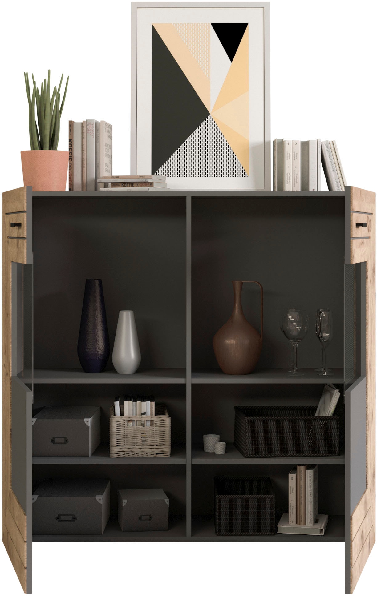 INOSIGN Highboard »Aalborg, Höhe 117cm, 2 Glastüren, 6 Fächer, 2-farbig, Metallgriffe«, Anrichte, Schrank, Kommode, Midischrank, Wohnmöbel, Wohnzimmer