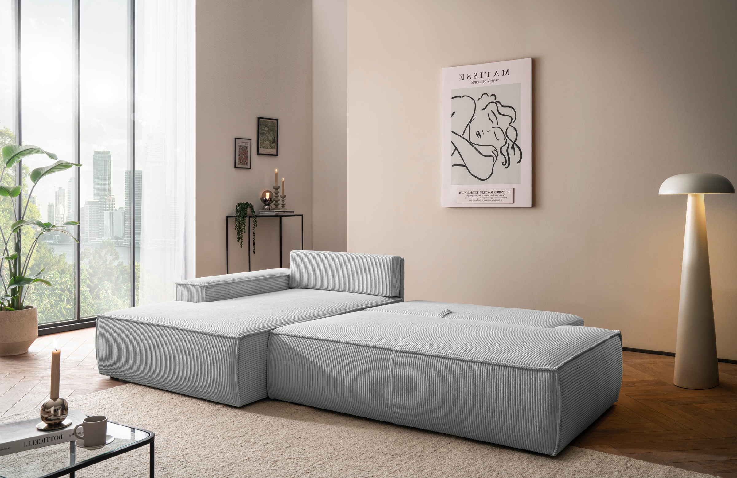 Home affaire Ecksofa »SHERWOOD, Schlafsofa in L-Form offen (275cm), Cord, Leinenoptik«, Schlaffunktion und Bettkasten, Kedernaht, hoher Sitz- & Liegekomfort