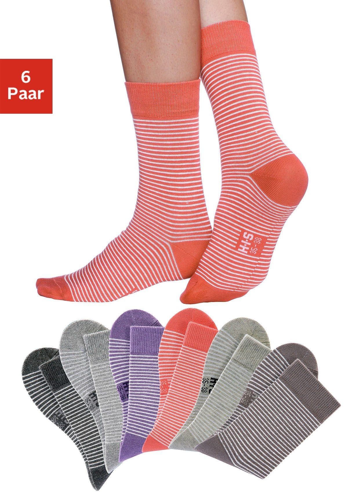 H.I.S Socken "Damen Socken Ringelsocken Strümpfe" Packung, 6 Paar tlg. mit druckfreiem Bündchen