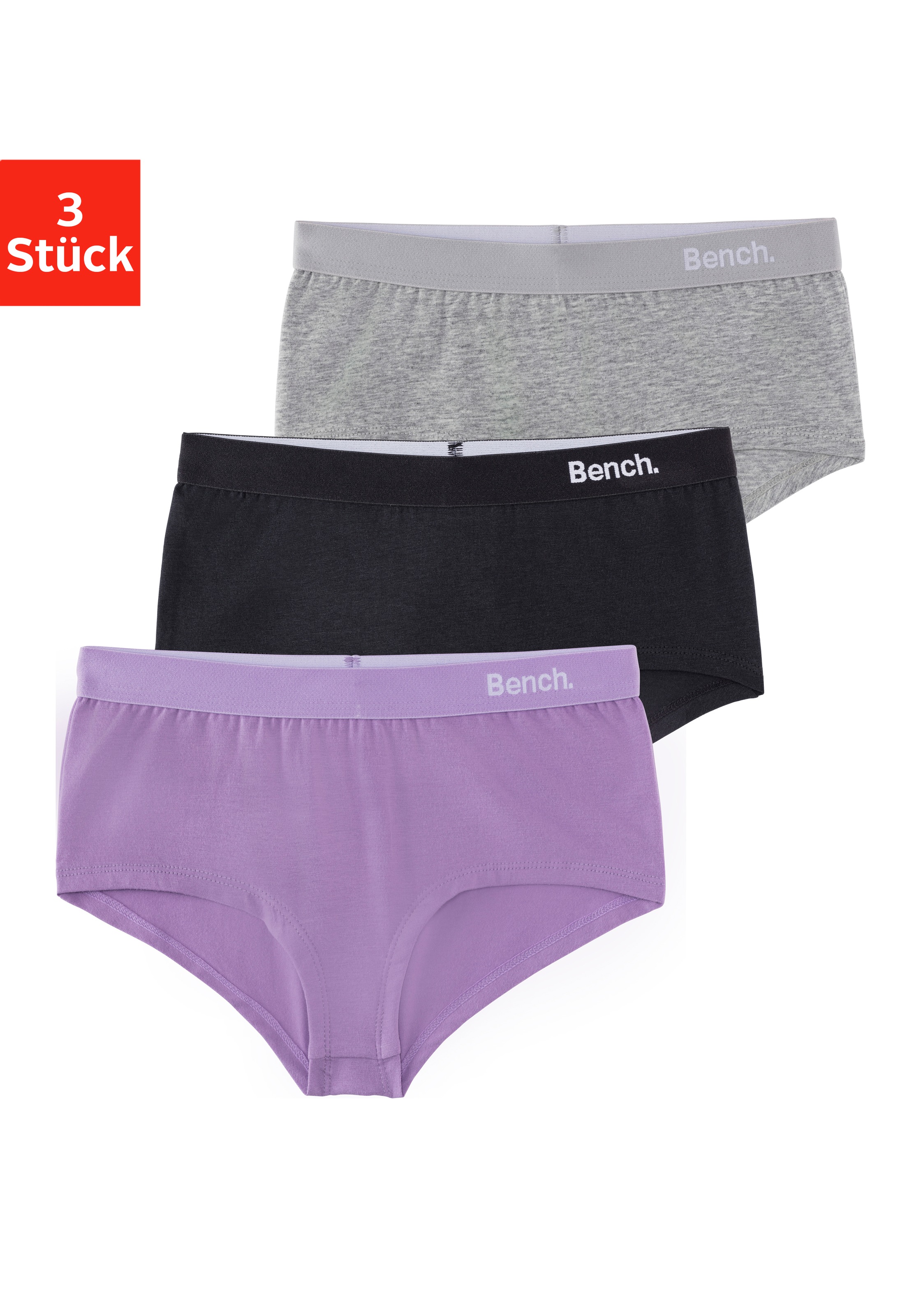 Panty BENCH., Mädchen, Gr. 182, 3 Stk., lila (lila, schwarz, grau), Jersey, Obermaterial: 92% Baumwolle, 8% Elasthan, unifarben, körpernah, Unterhosen Panty, mit weichen Taillenbündchen