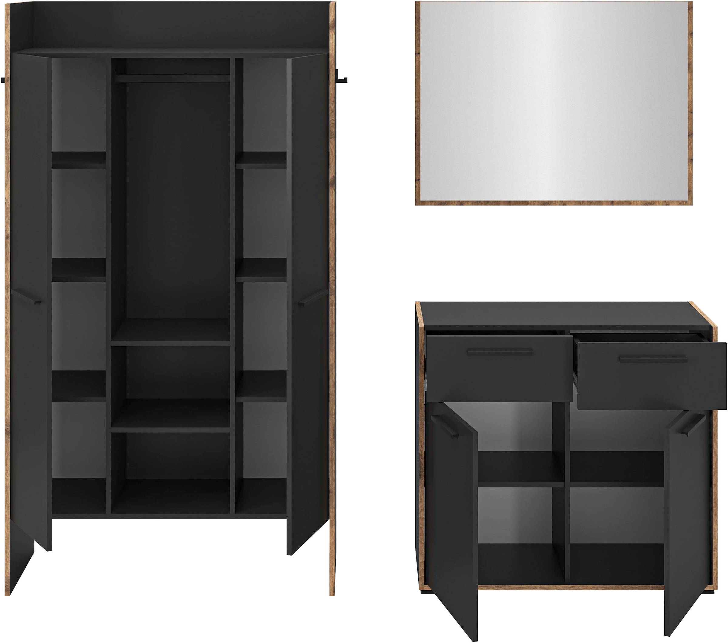 INOSIGN Garderoben-Set »MUSTA, 3-teilig: Garderobenschrank, Kommode & Garderobenspiegel«, Kombination, Kompaktgarderobe, Garderobenkombination, Garderobe