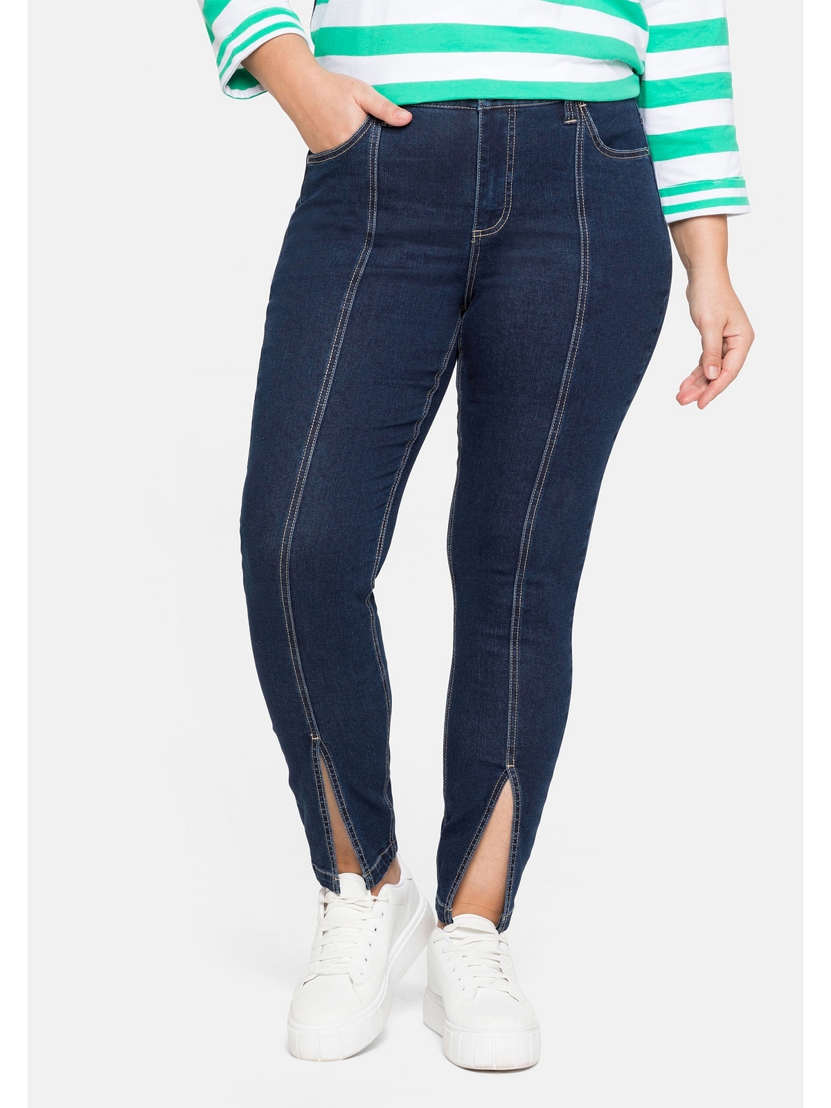vorn mit Sheego Teilungsnaht Ankle-Jeans bestellen Stretch-Jeans | »Große Größen«, BAUR online