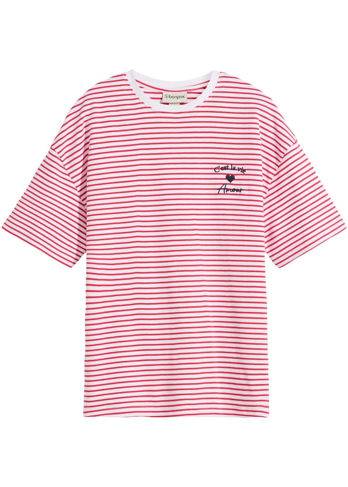 bonprix T-Shirt lockere Passform, Kurzarm-Design, aus Baumwolle, mit Stickerei