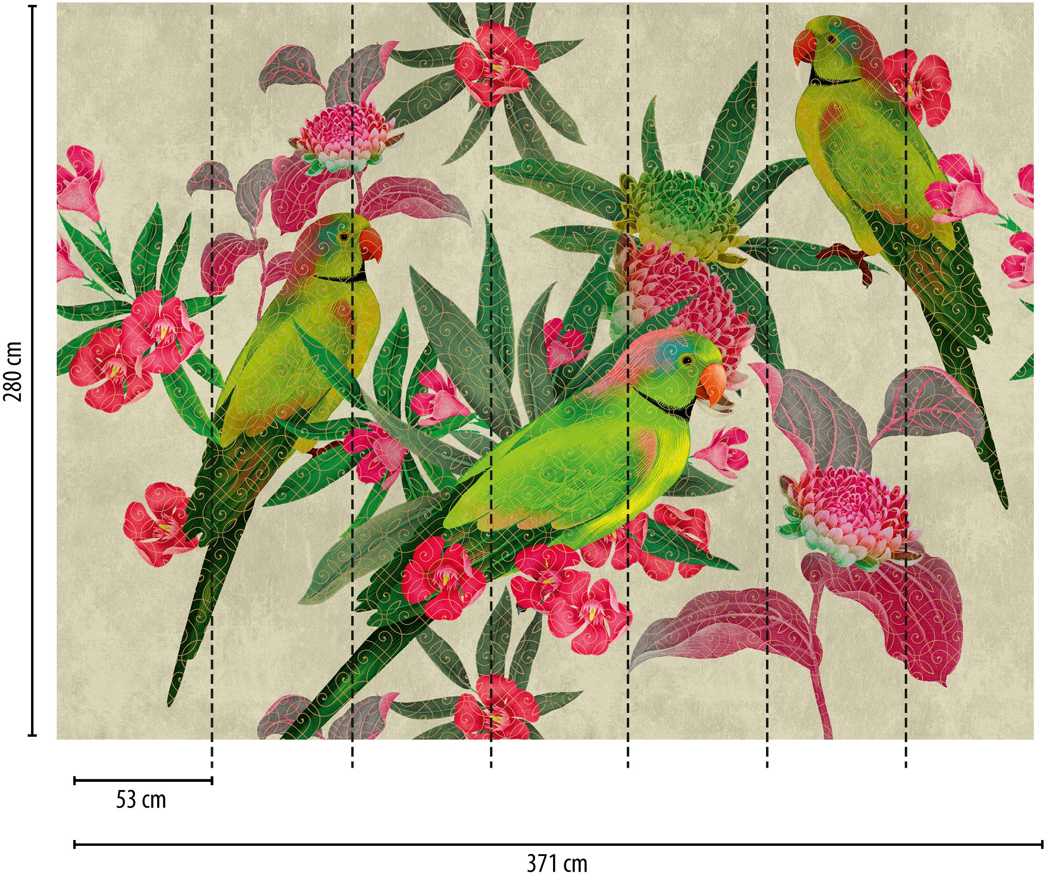 living walls Fototapete »The Wall«, asiatisch-floral-Motiv, Fototapete Dschungel Tapete Vögel Tapeten Wohnzimmer Design Wandtapete