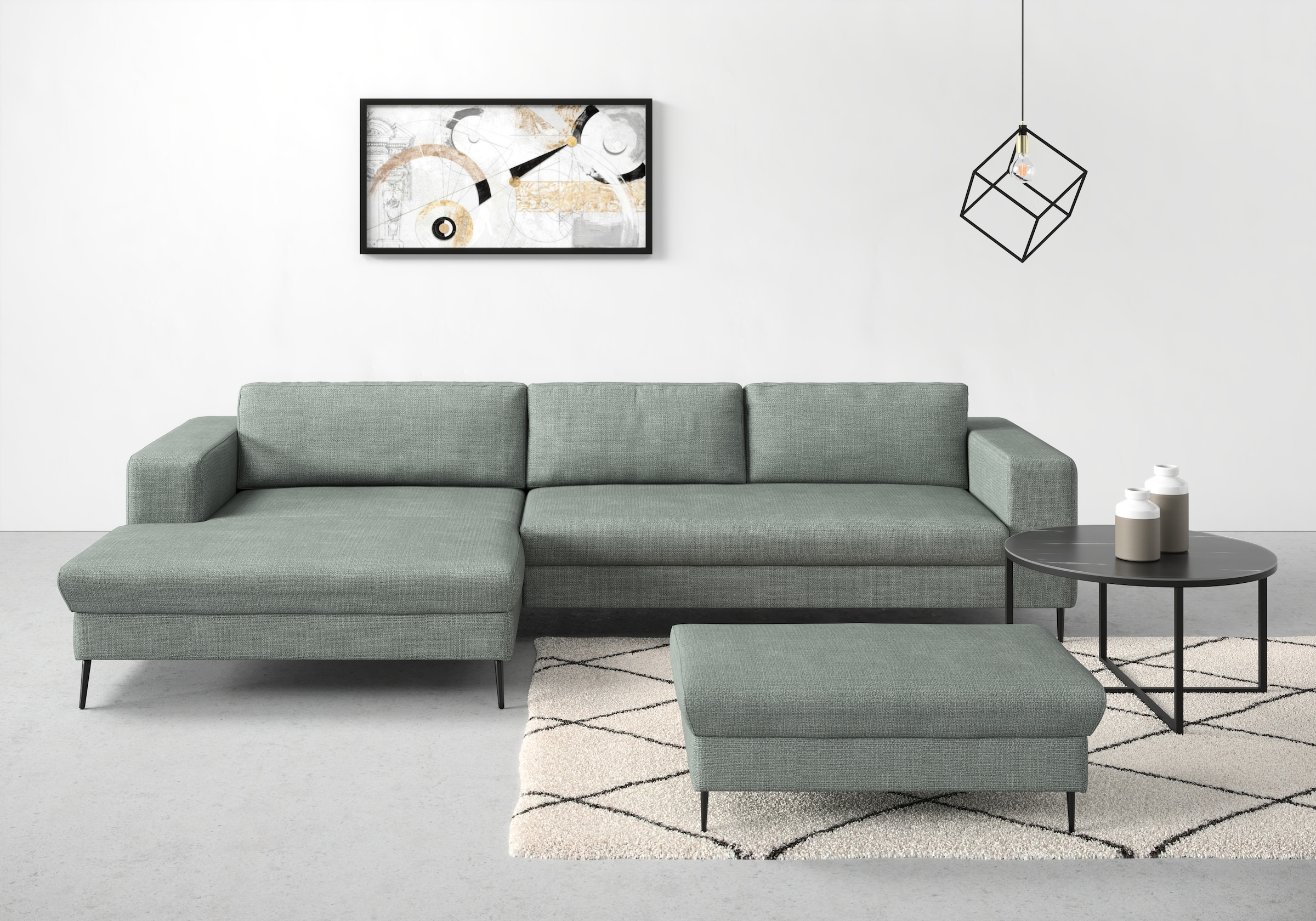 DOMO collection Ecksofa "Modica, zeitlos & elegant, Breite 329cm, hoher Fuß, bequem, L-Form" Auch in Cord, Fußhöhe passend für gängige Saugroboter