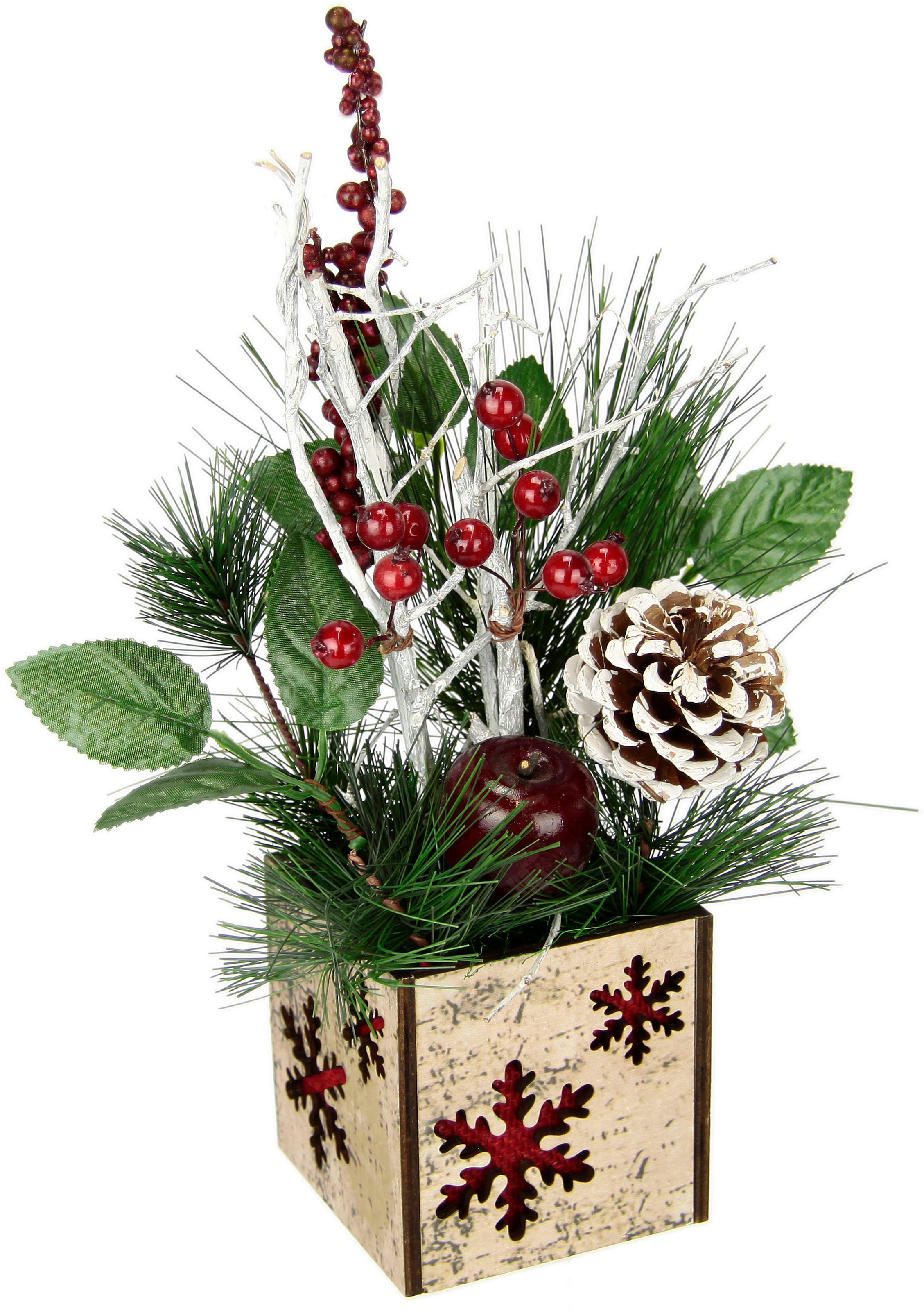 I.GE.A. Winterliche Kunstpflanze »Weihnachtsgesteck Weihnachtsdeko Topf, Zapfen, | Kunstblumen-Gesteck BAUR mit mit Arrangement,«, Dekozweigen, Apfel Beeren im winterliches und