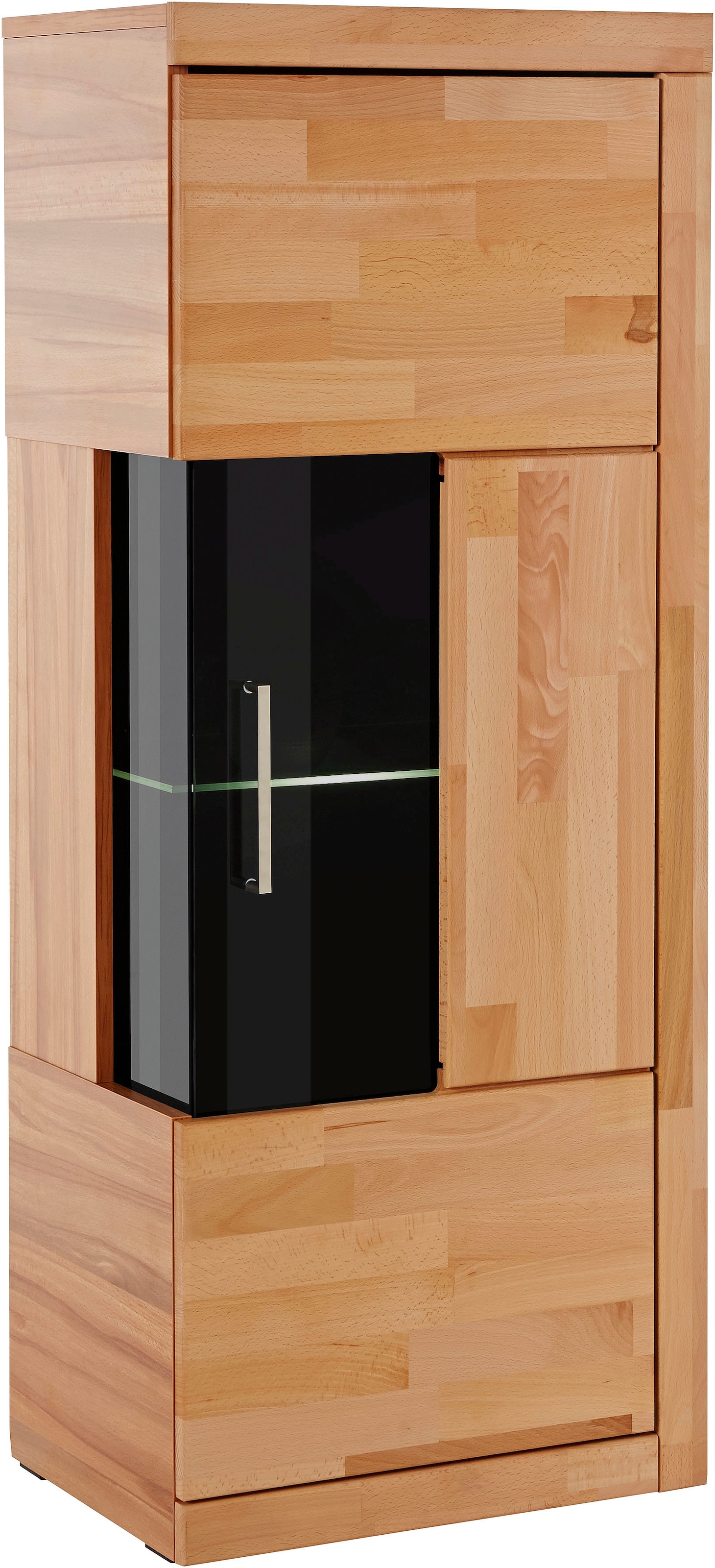 Home affaire Vitrine »Ribe,125cm hoch,35 cm tief,4 Fächer,1Glasboden variabel einsetzbar«, Massivholz, Holzwerkstoff,dunkles gehärtetes Glas, Metall Griffe
