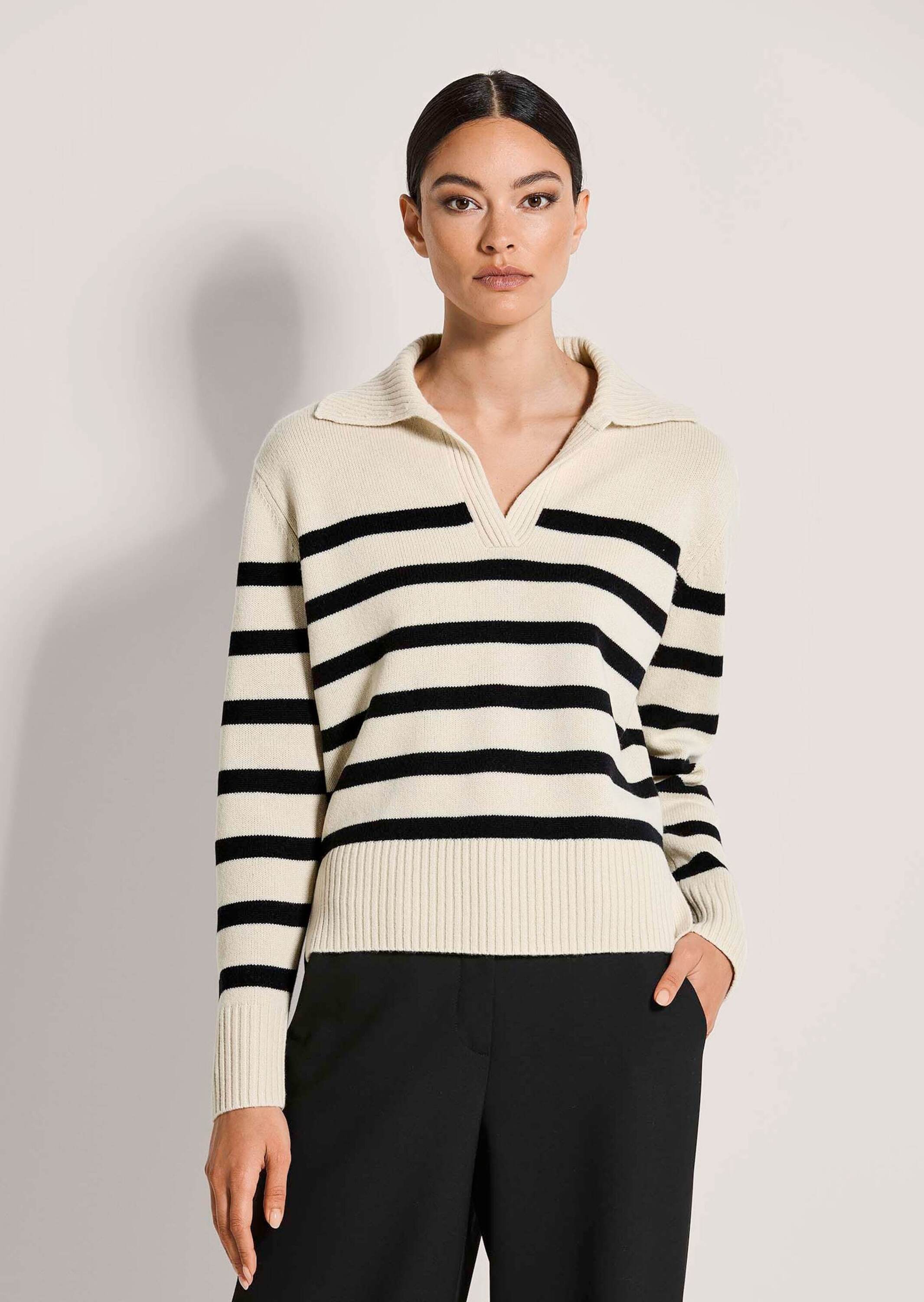 Thumbnail - MADELEINE Longpullover "Strickpullover Sommerpullover im Streifen-Look" Polokragen mit V-Ausschnitt