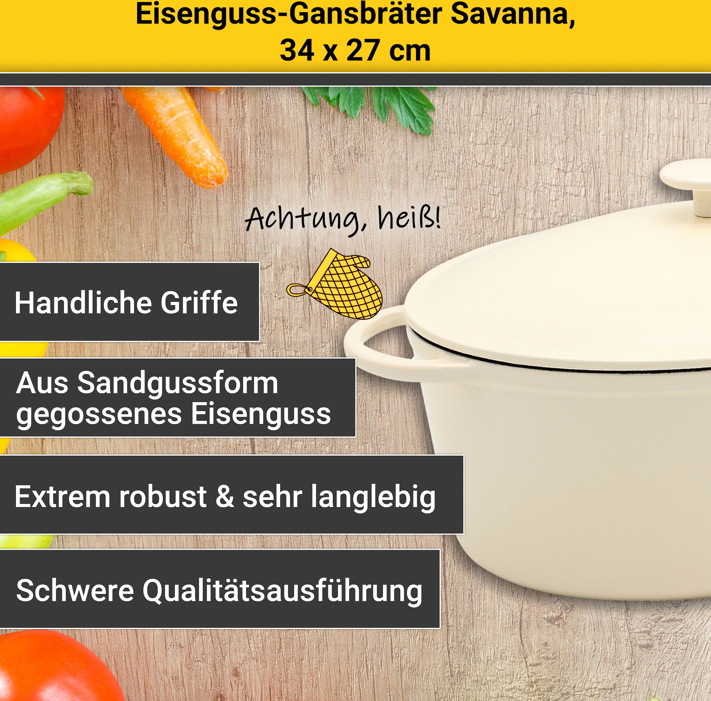 Krüger Bräter »Eisenguss Gansbräter mit Deckel SAVANNA, 34 x 27 x 12,5 cm«, Gusseisen, (1 tlg.), für Induktions-Kochfelder geeignet