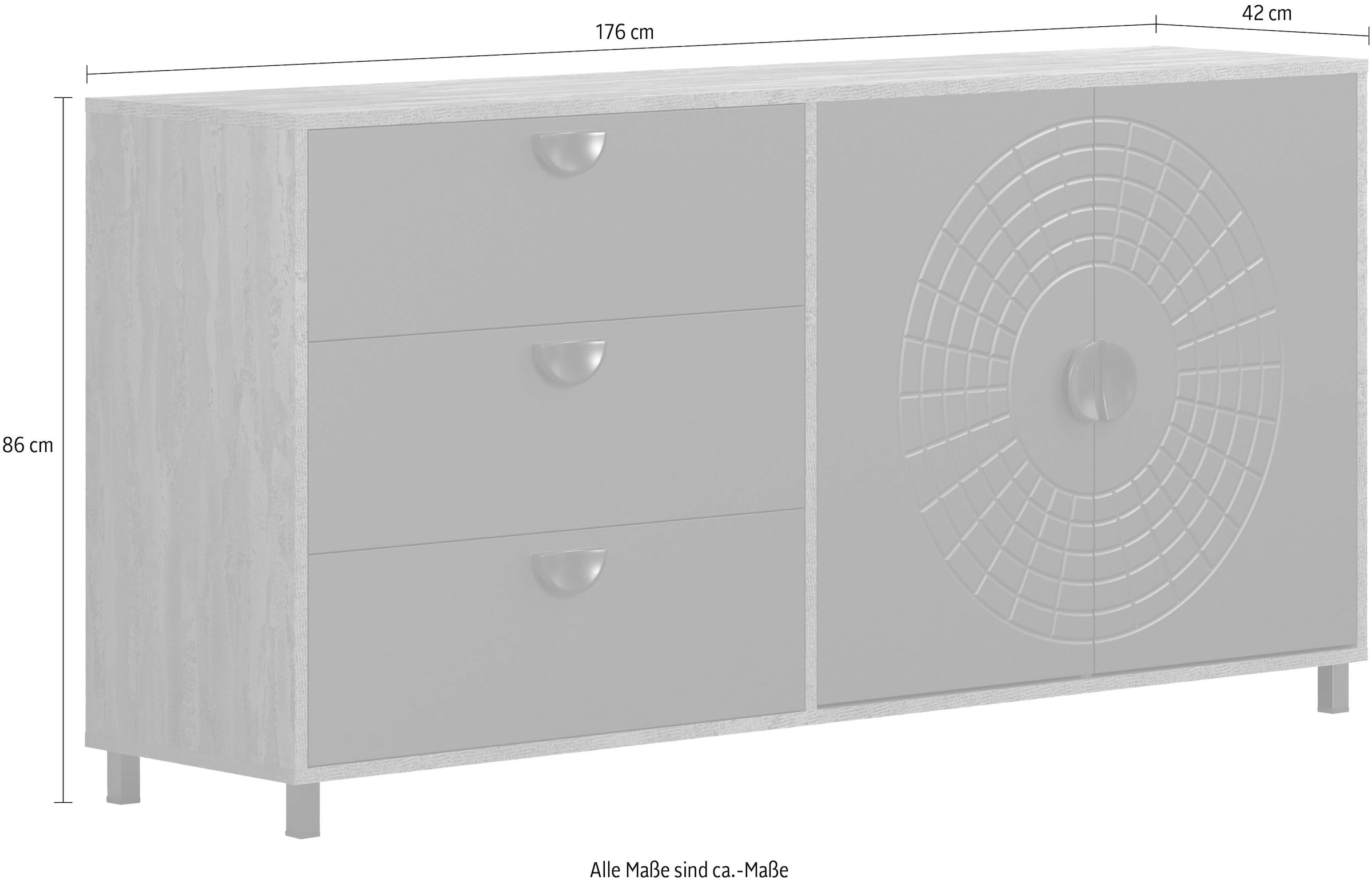 Home affaire Sideboard »Fusion« 1 Stk. tlg. Kommode mit markantem Kreismuster - Antikoptik - (B/T/H) 176/42/86 cm