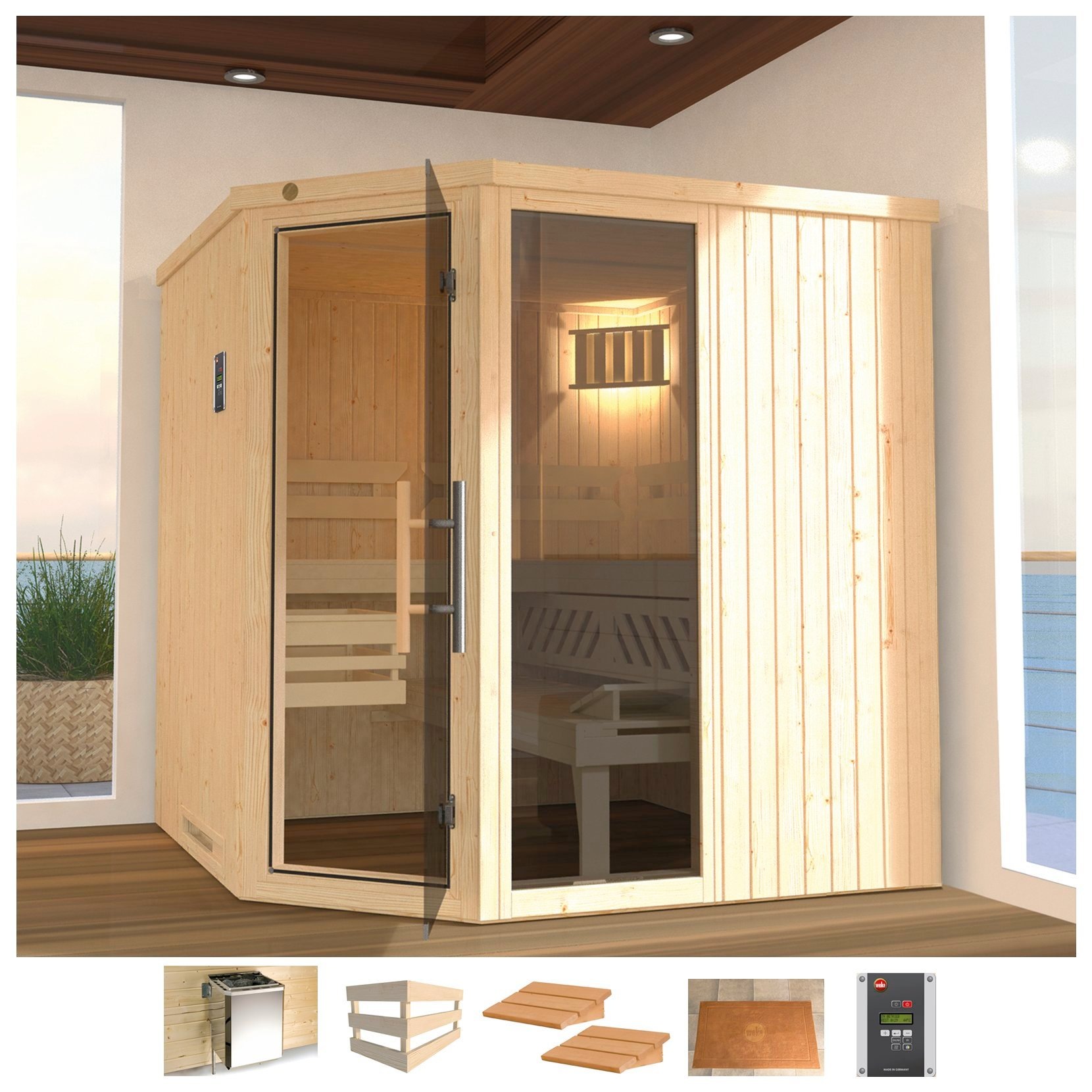 Sauna »Varberg 3«, 7,5 kW Bio-Ofen mit ext. Steuerung