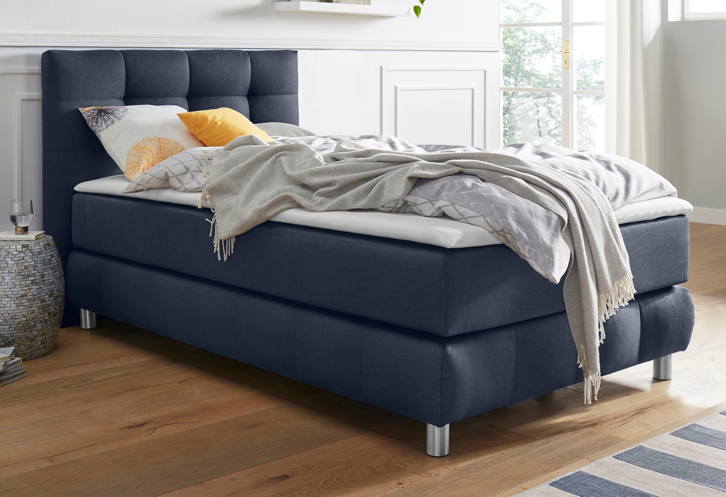Boxspringbett HOME AFFAIRE "Salo", blau, B:104cm L:211cm, Struktur (100% Polyester);Bezug der Spiegelfläche Matratzendrell aus 100% Polyester;Samtoptik (100% Polyester), Komplettbetten, Boxspringbett, incl. Topper, 6 Breiten, 2 Härtegrade, TFK auch in Här