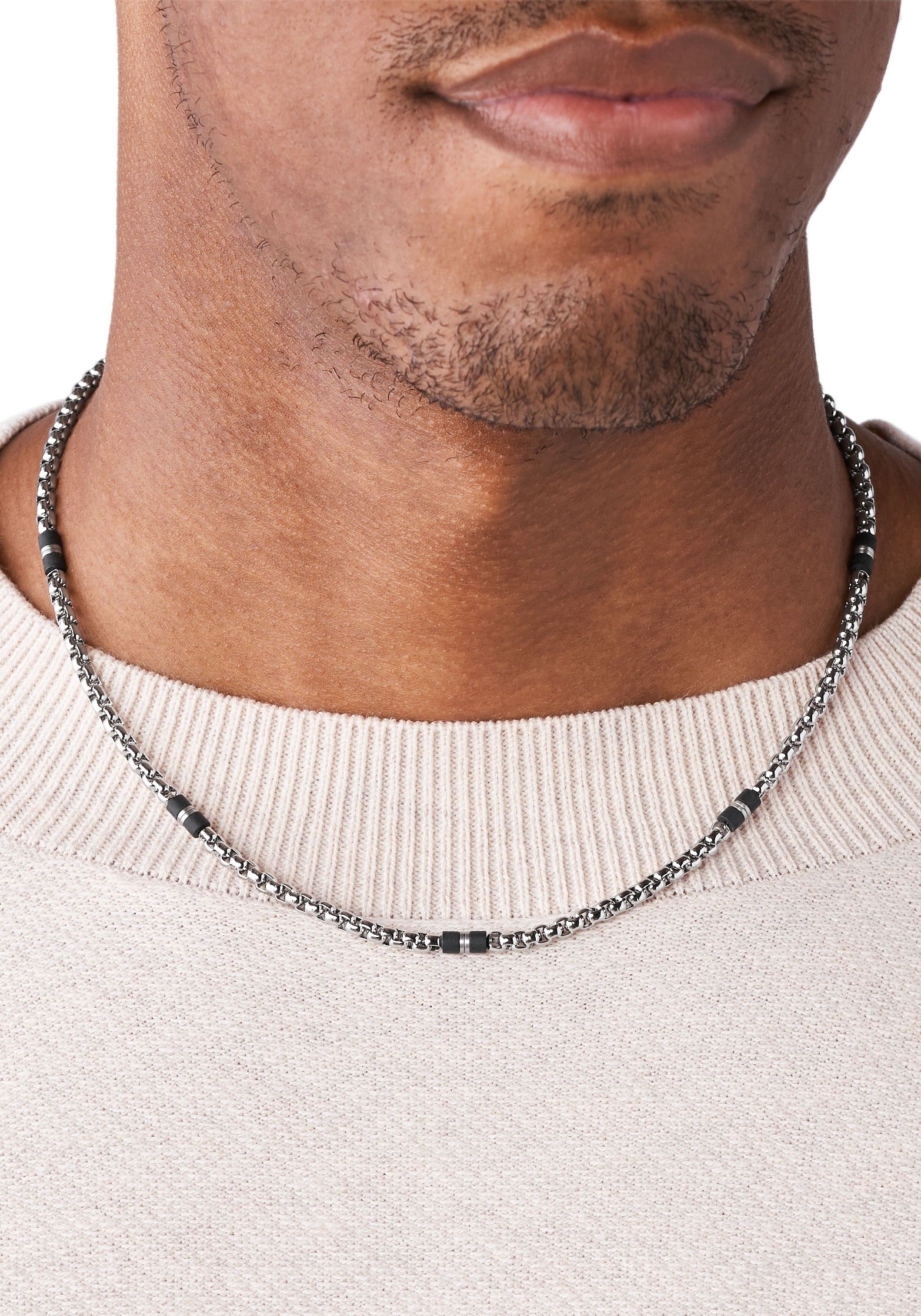 Edelstahlkette FOSSIL "Schmuck Geschenk Edelstahl Halskette MENS DRESS", schwarz (edelstahlfarben, schwarz), Halsketten, Damen, Edelstahl, L: 50 B: 4mm, Edelstahlkette, B:4mm 3