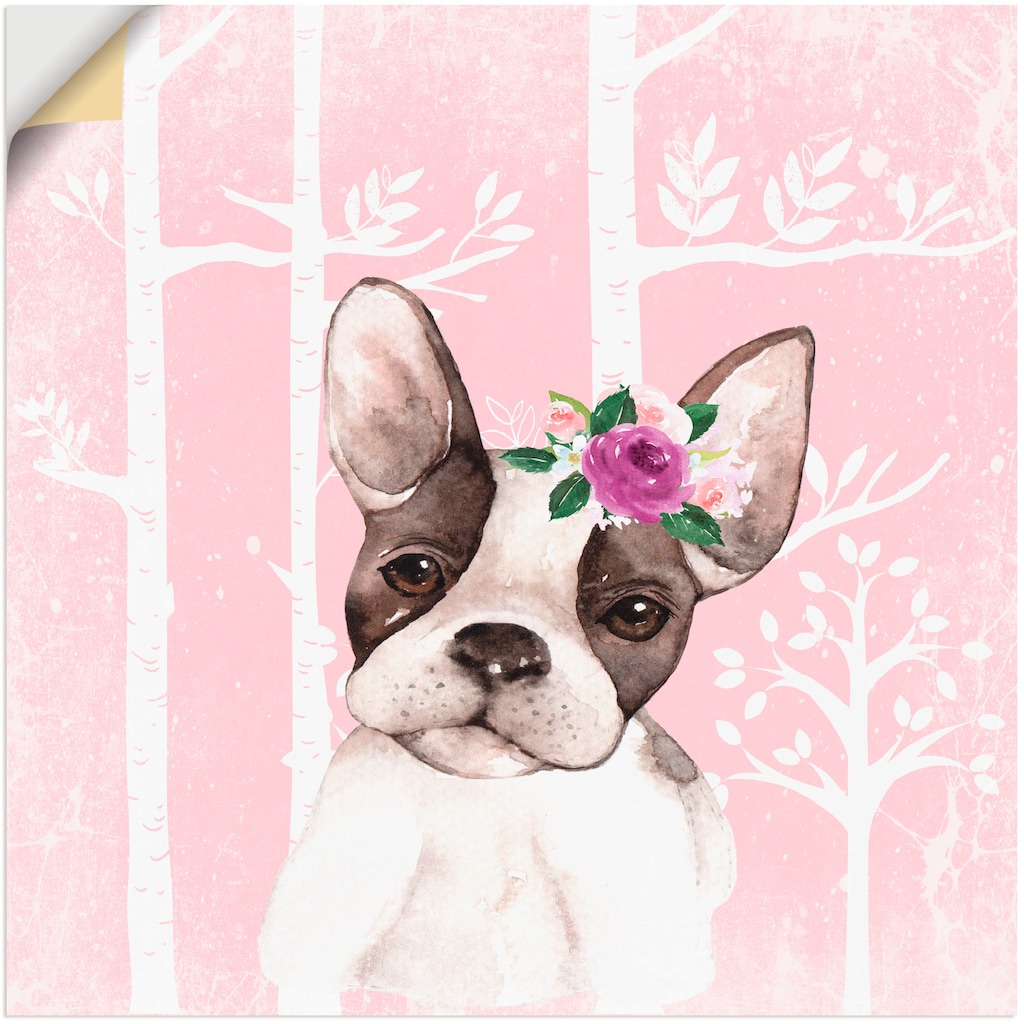 Artland Wandbild »Mops Hund mit Blumen im pink Wald«, Tiere, (1 St.)