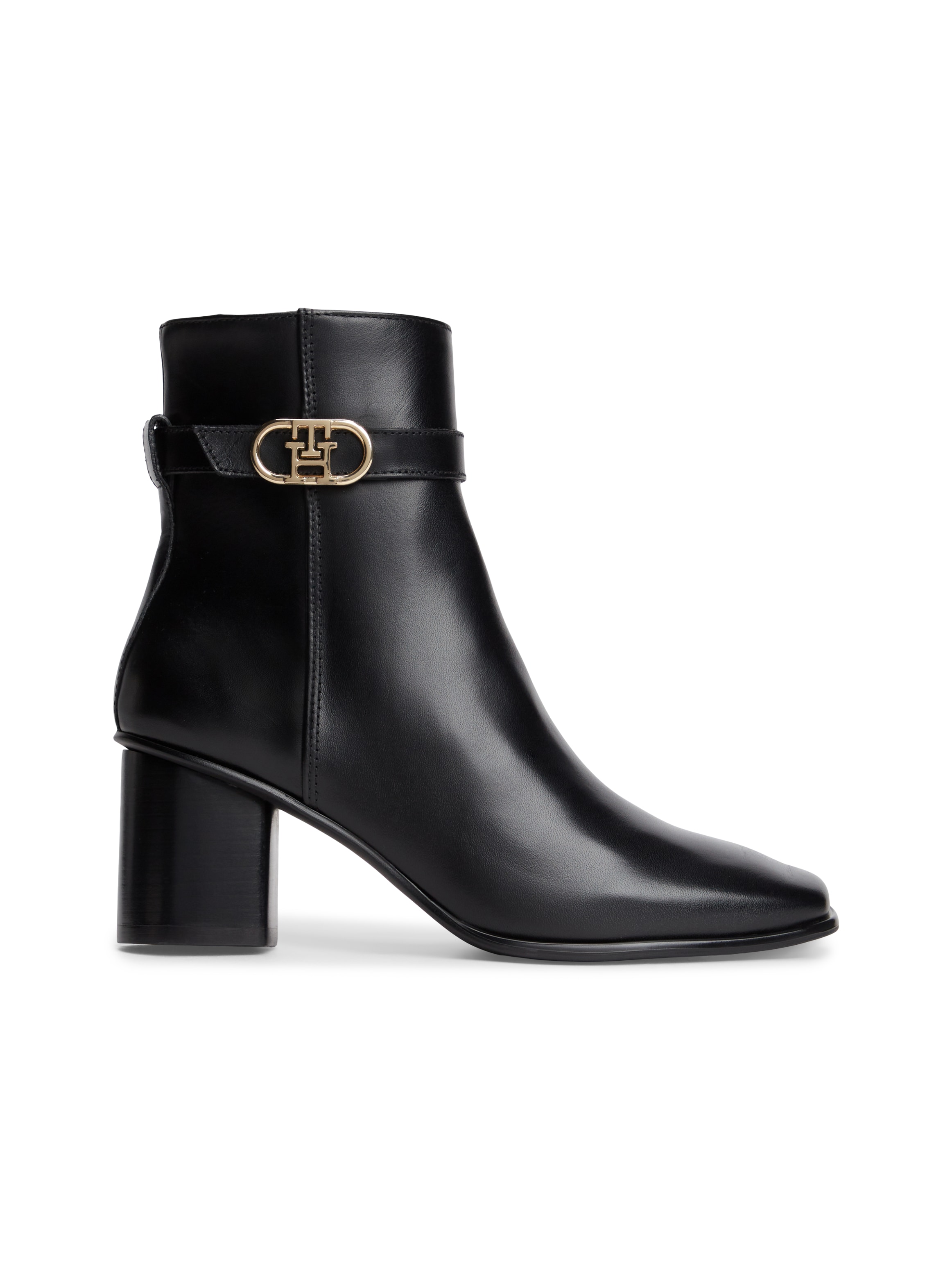 Tommy Hilfiger Stiefelette »TH STRAP LEATHER BLOCK HEEL BOOT«  Herbstschuh, Businessschuh mit goldfarbenem Schmuckelement