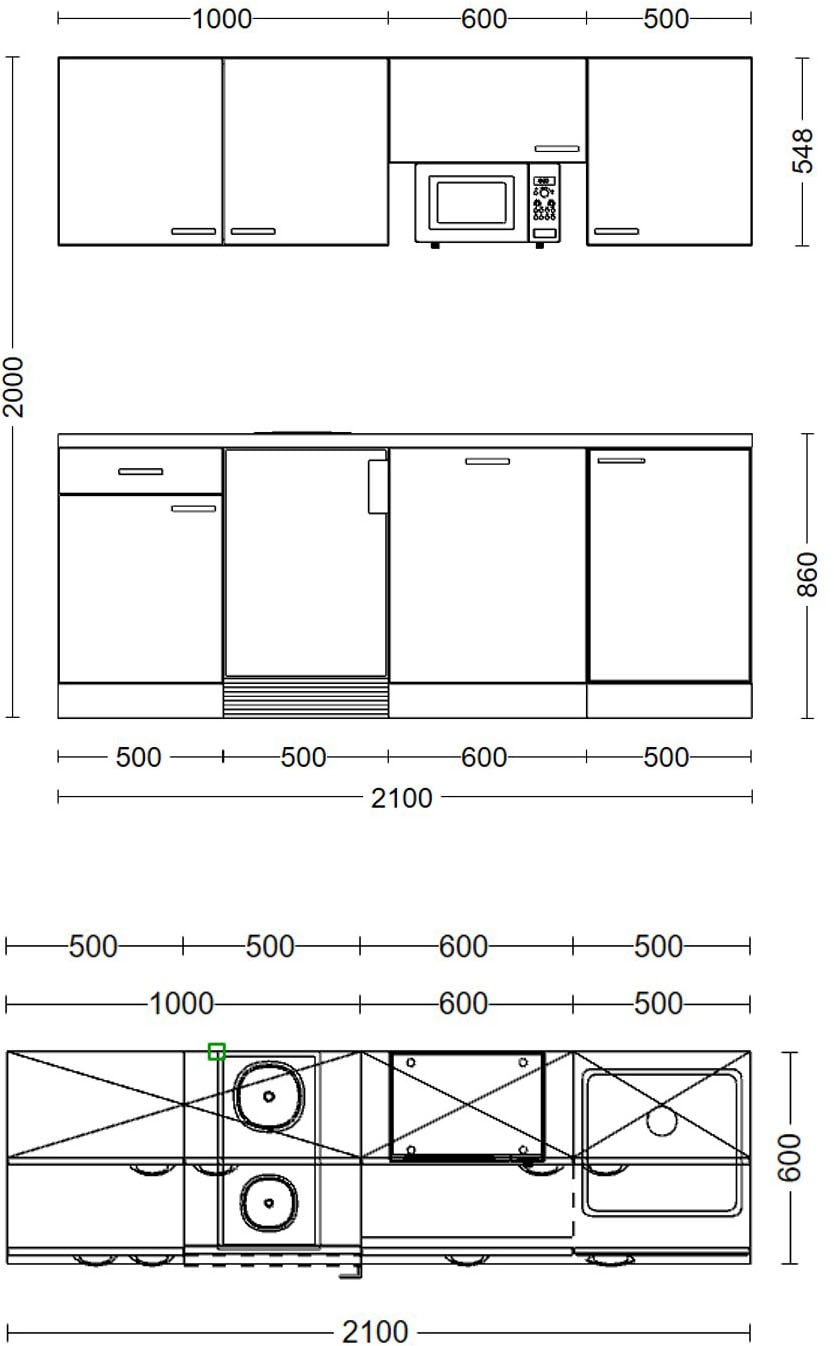 Flex-Well Küchenzeile »Florenz, Breite 210 cm, inkl. Geschirrspüler«, Officeküche, wahlweise mit 2 Plattenkochfeld und/oder Mikrowelle