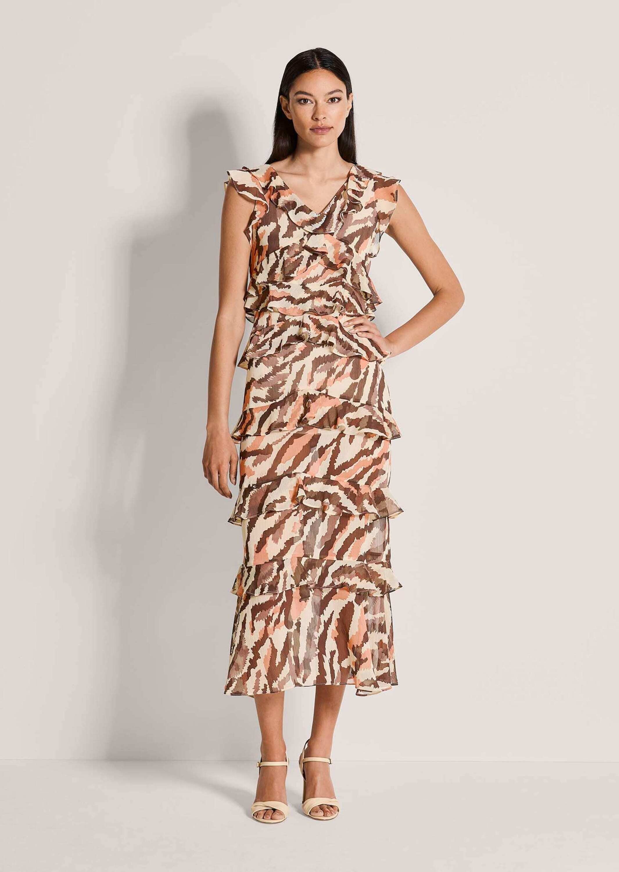 Midikleid MADELEINE "Chiffonkleid Sommerkleid mit Animal-Print", Damen, Gr. 36, N-Gr, schwarz (tabakbraun, schwarz, caramel), Obermaterial: 100% Polyester PES., Modern, figurbetont, Kleider Midikleid, Volants 2