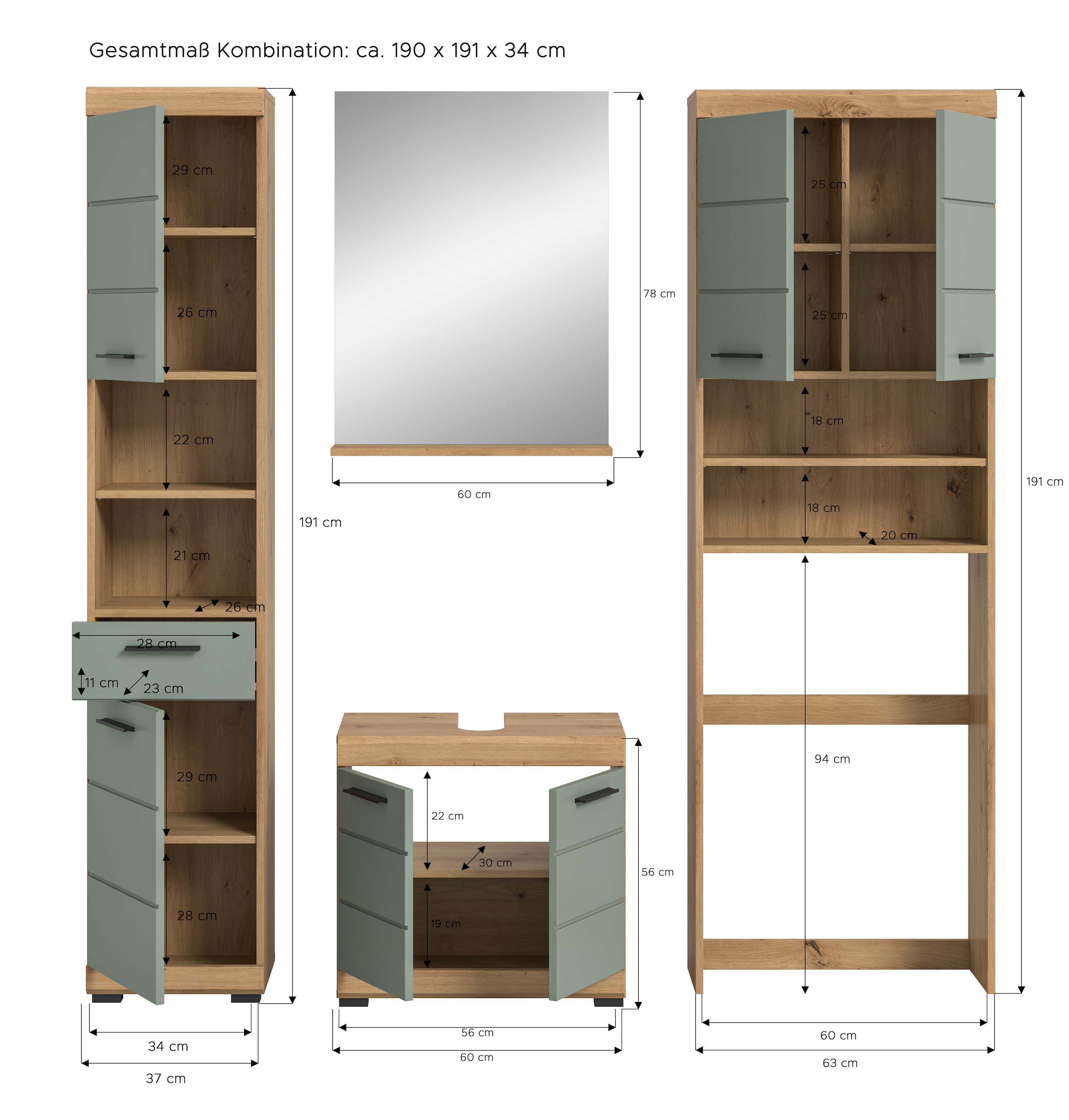 INOSIGN Badmöbel-Set »Siena, 4 teilig, bestehend aus:«, (Set), Hochschrank, WBU, Badspiegel, Waschmaschinenumbauschrank