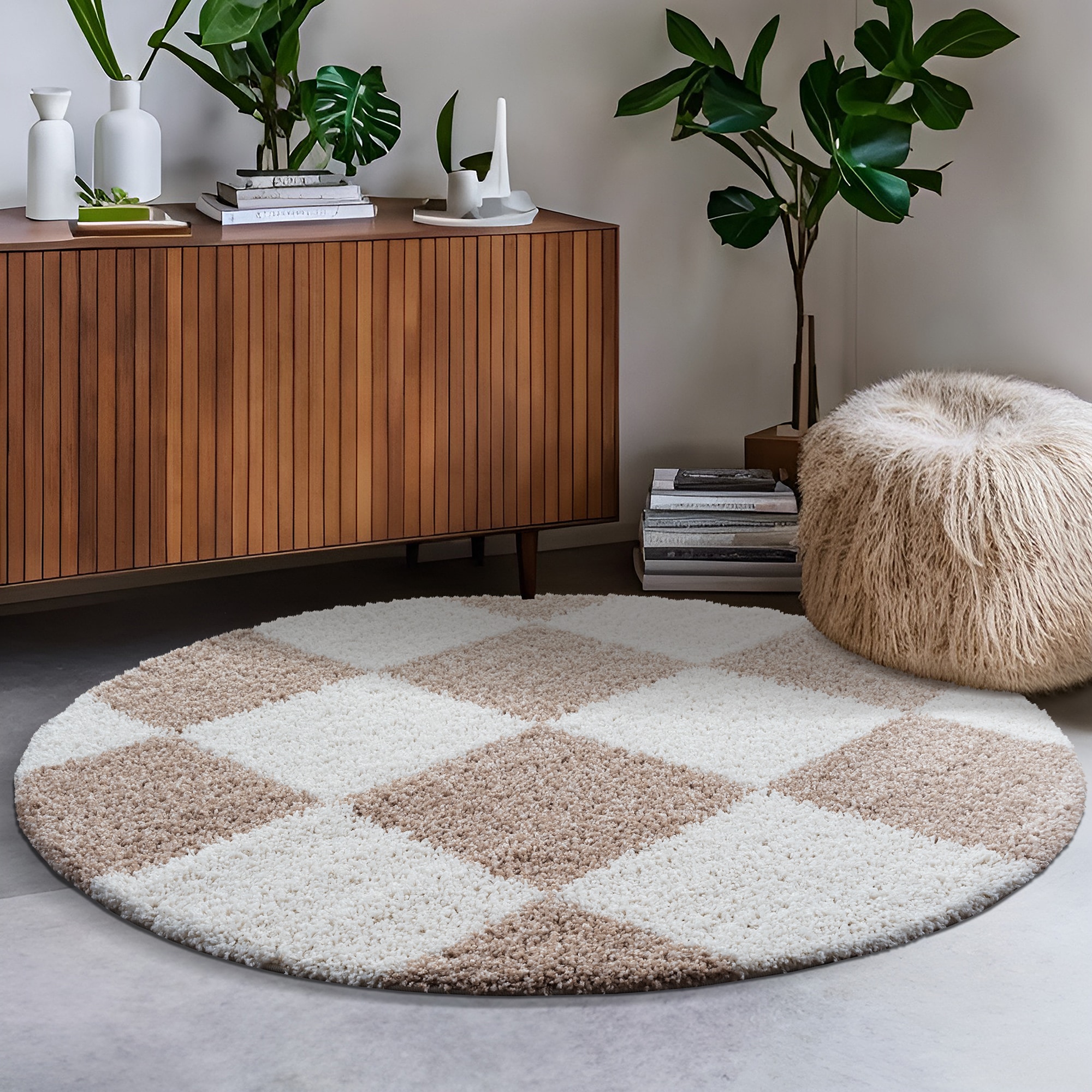 Sanat "Milano 1250, auch als Läufer und in Rund" rund 30 mm Höhe Hochflor, Shaggy, Karo, Wohnzimmer, Schlafzimmer