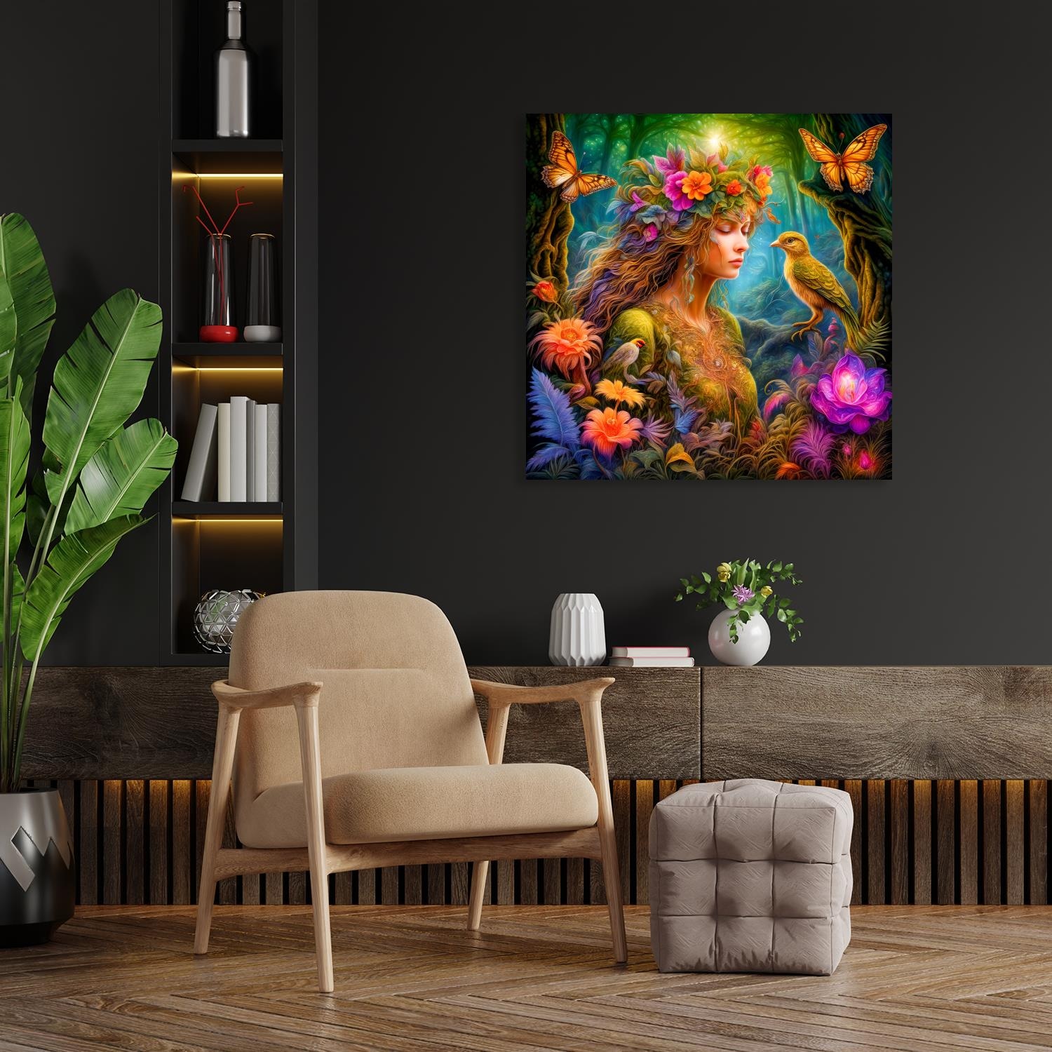 queence Acrylglasbild »Im Verborgenen des Zauberwaldes - Katharina Kolenda«, Vögel-Vogelbilder-Fantasy-Frau-Tiere-Blumen-Blumenbilder, (1 St.), Kunst, knallige Farben, bunt