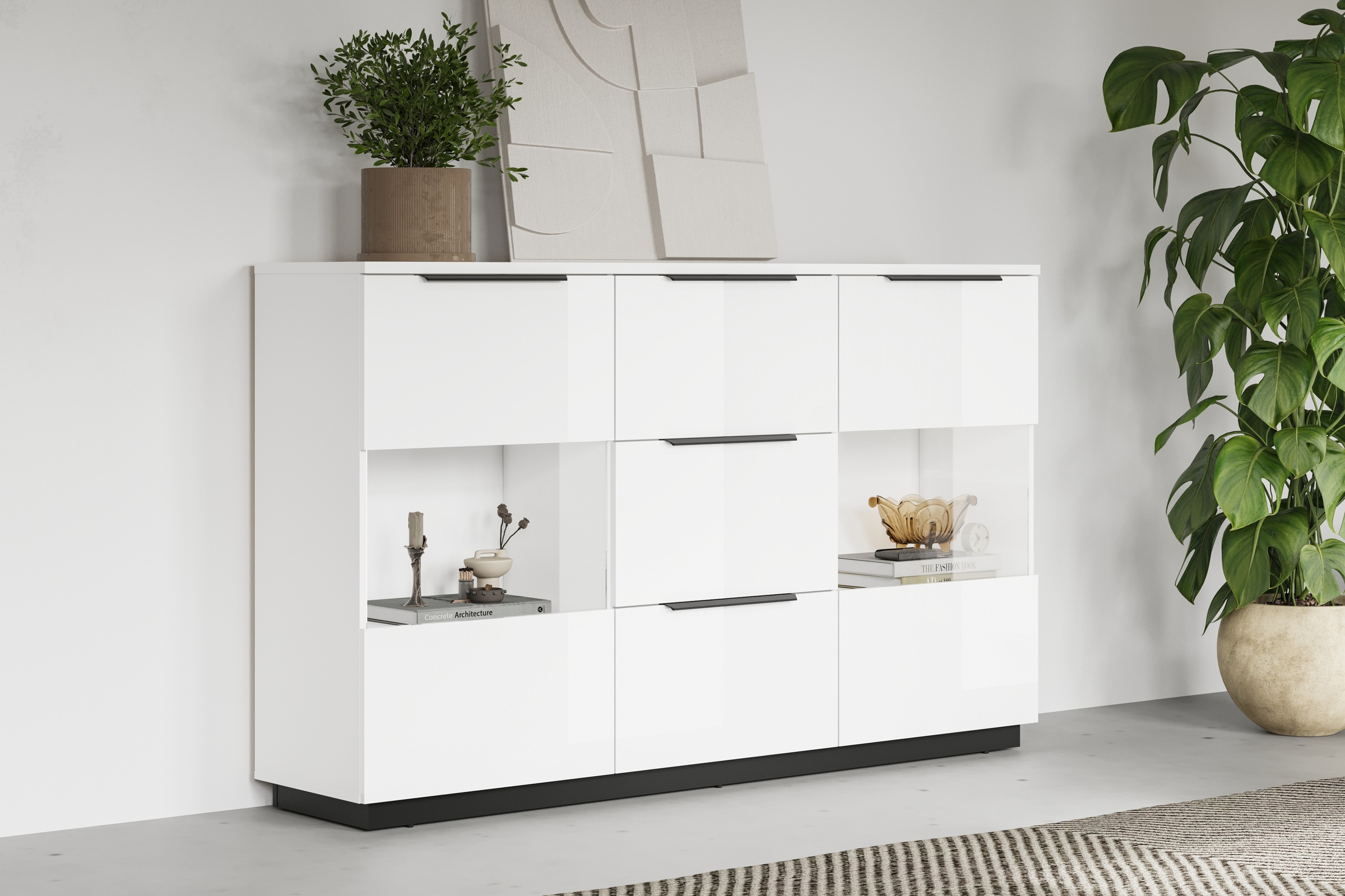 Home affaire Highboard »Tuluza, Breite 180 cm, moderne Hochkommode mit geräumiger Stauraum« Hochkommode mit 3 Schubladen, 6 Fächern, Glastüren, Hochglanzfront