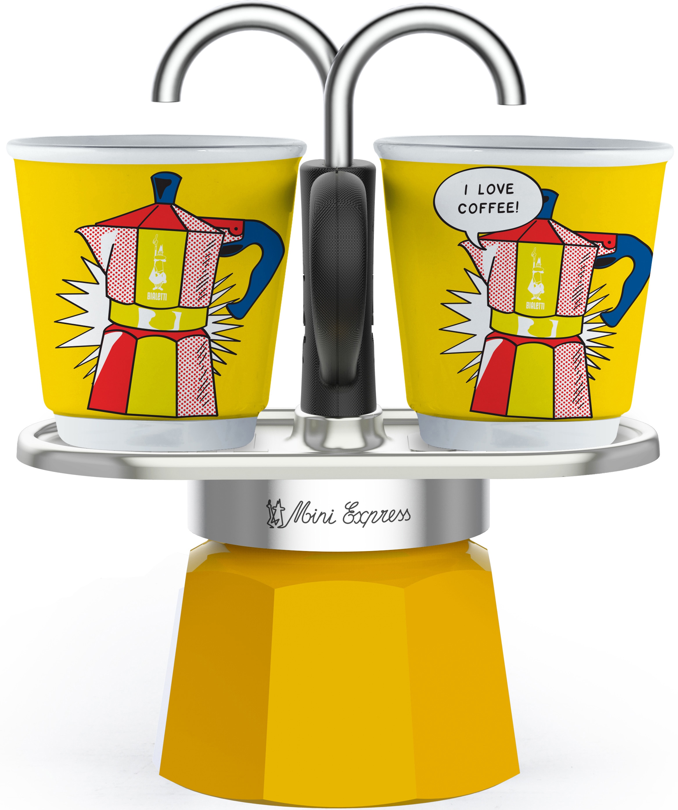 BIALETTI Espressokocher "Mini Express Lichtenstein", 0,09 l Kaffeekanne, (1 Espressokocher + 2 Espressobecher, 90 ml)