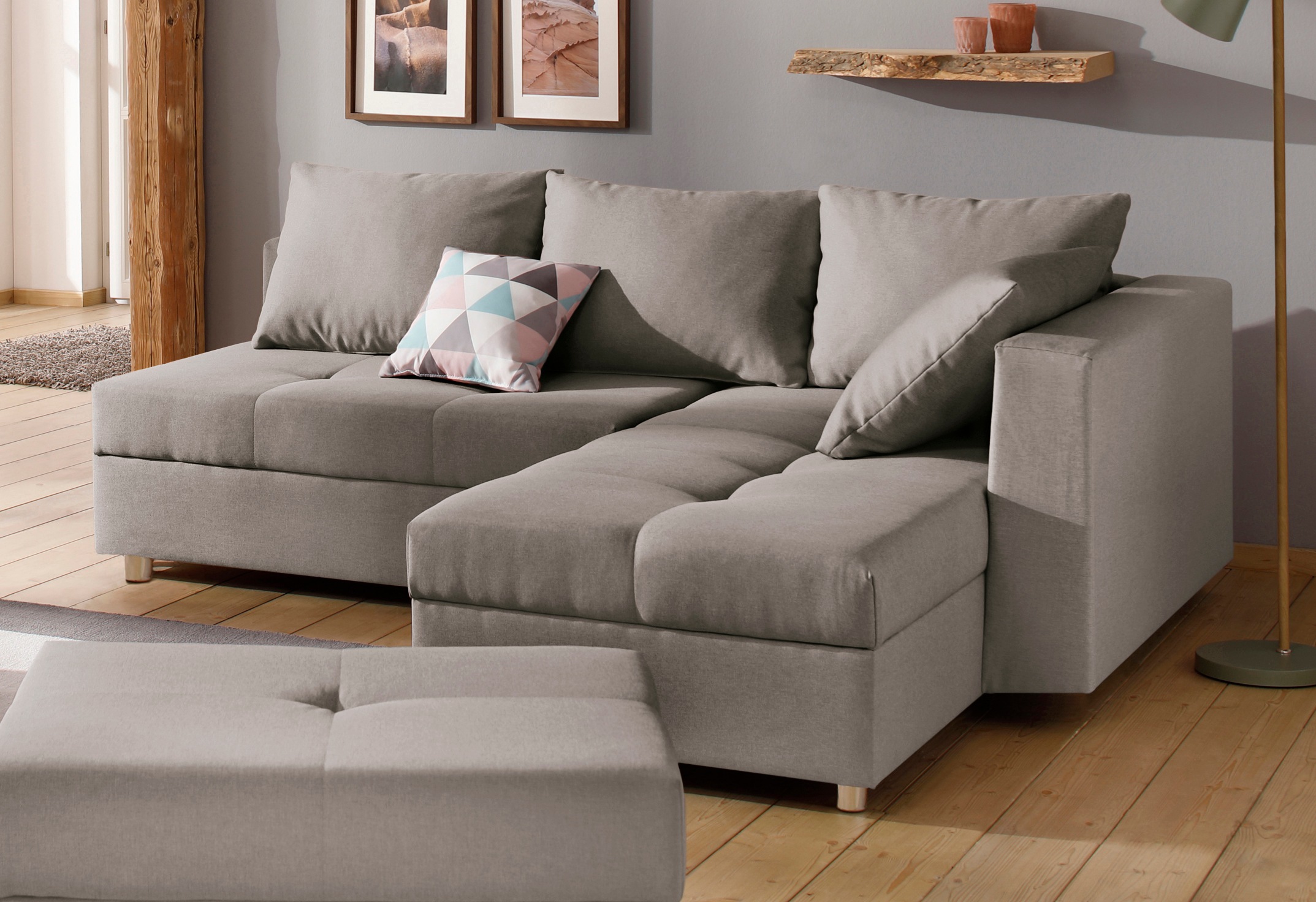 Home affaire Ecksofa "Italia L-Form, B: 217 cm, Schlaffunktion, Bettkasten" Federkern, frei stellbar, mit Zierkissen, Gästebettfunktion