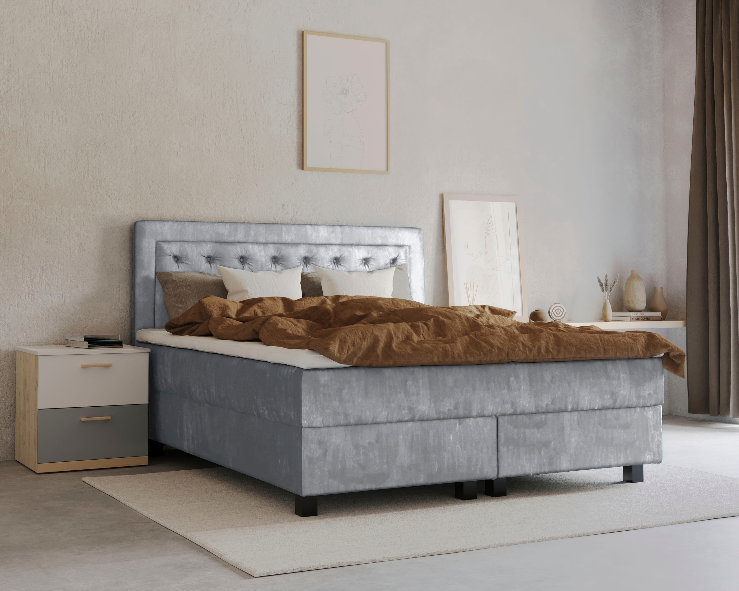 Boxspringbett HOME AFFAIRE "Jeanne", grau (hellgrau), B:181cm L:208cm, 100% Polyester, Komplettbetten, Boxspringbett, inkl. Topper mit Taschen-Federkernmatratze